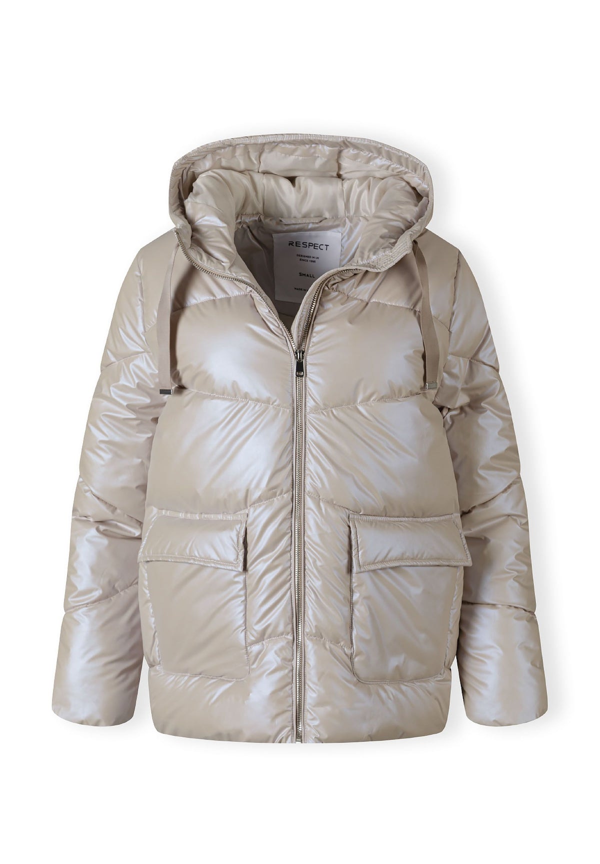 The light beige puffer jacket shown open to reveal the inside.