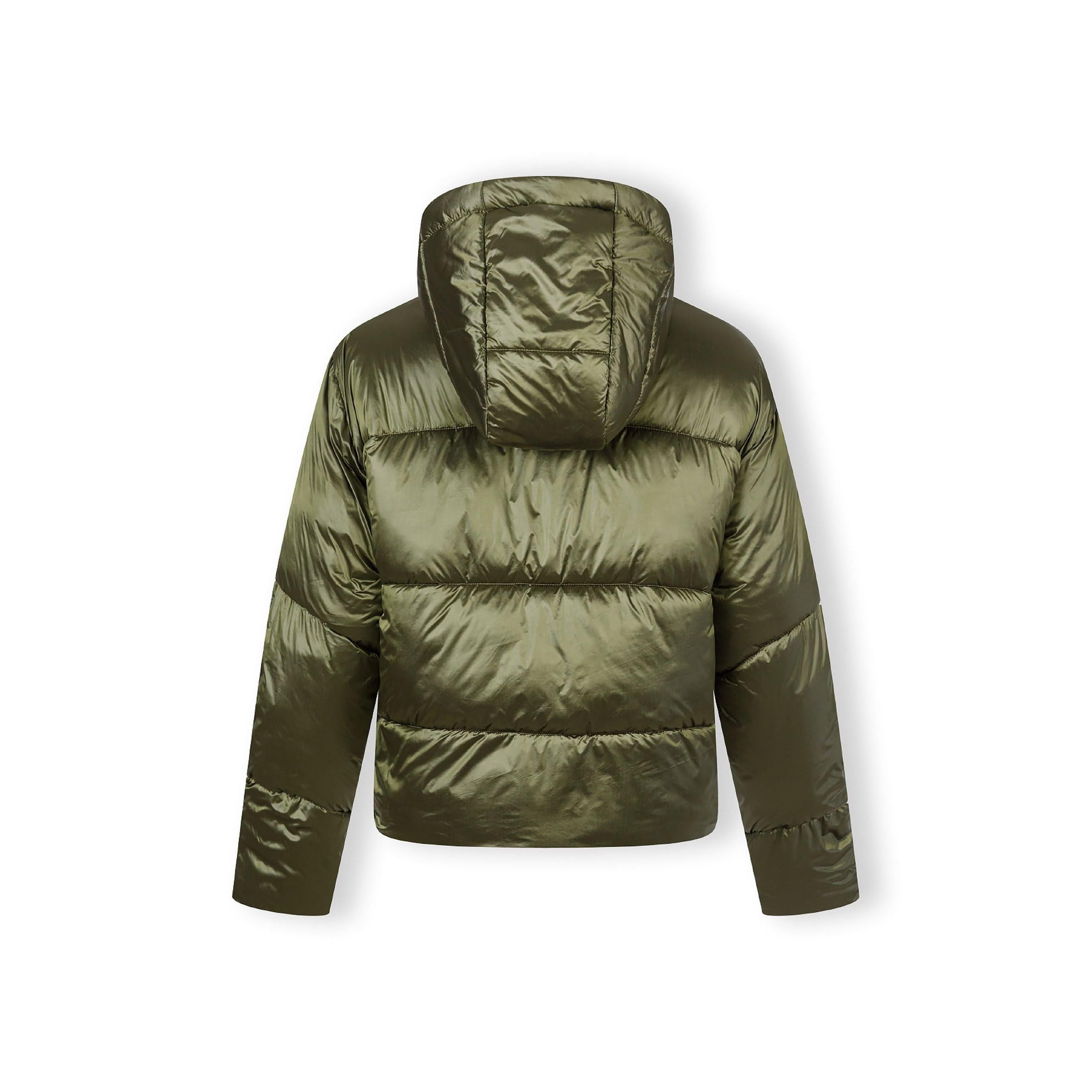 Olive green puffer jacket laid flat showing quilted pattern, hood and full zip closure on white background