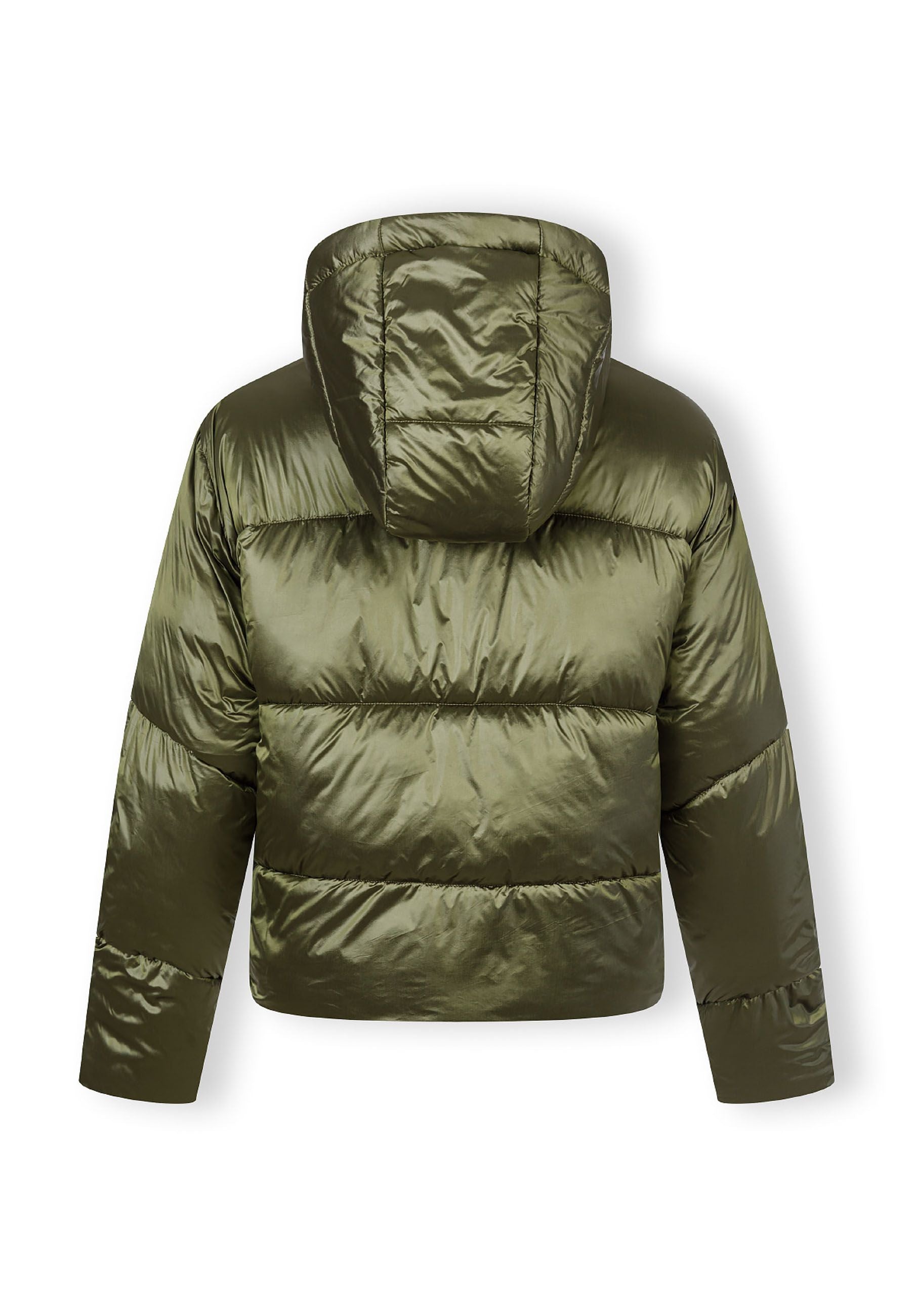Women’s hooded padded jacket in olive, back view with curved stitching.