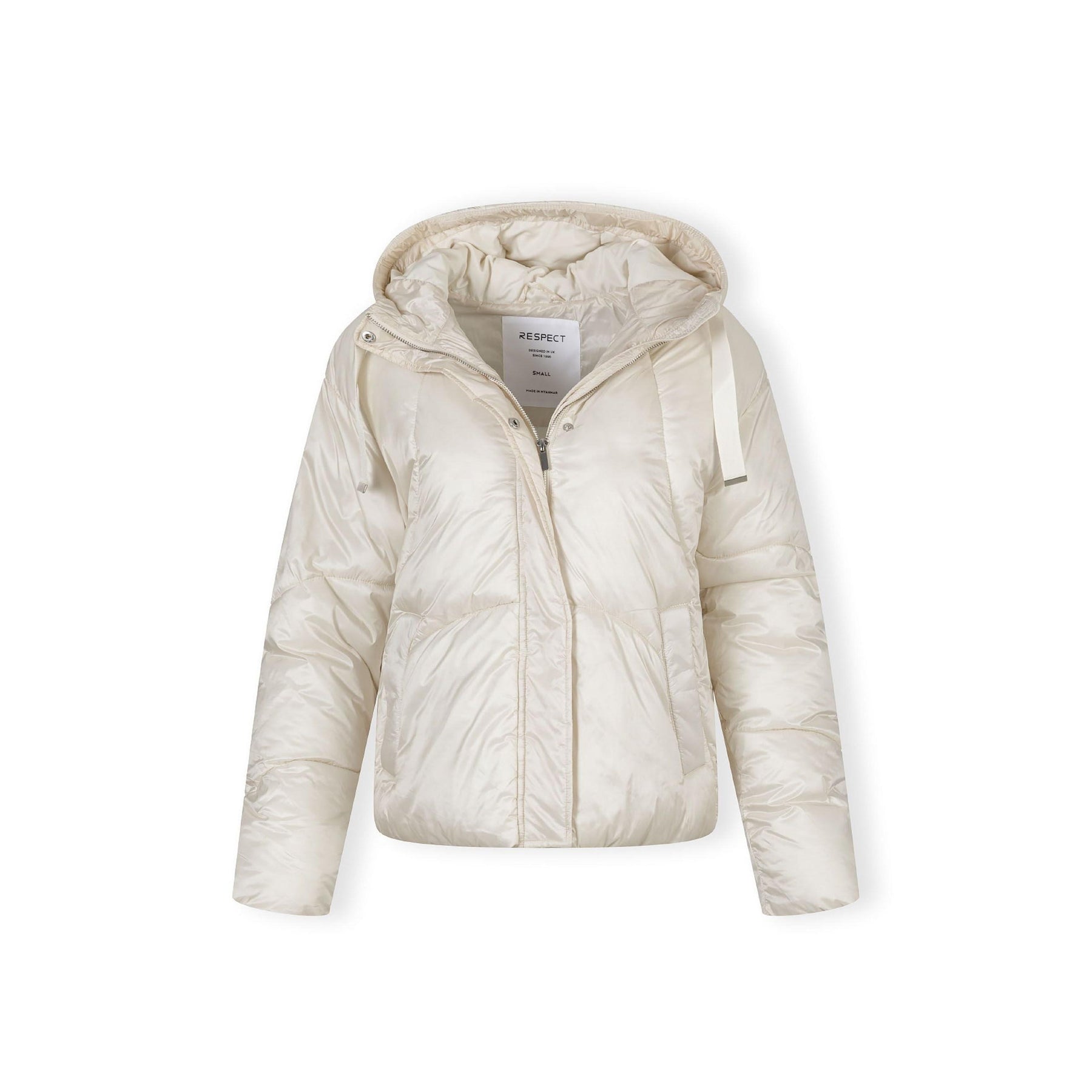 Cream puffer jacket laid flat showing quilted construction, hood, and zip fastening against white background