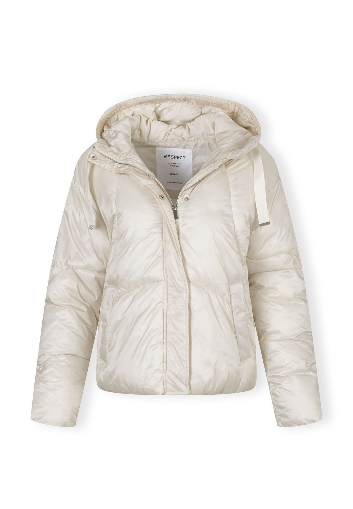 The cream puffer jacket shown open to reveal the inside.