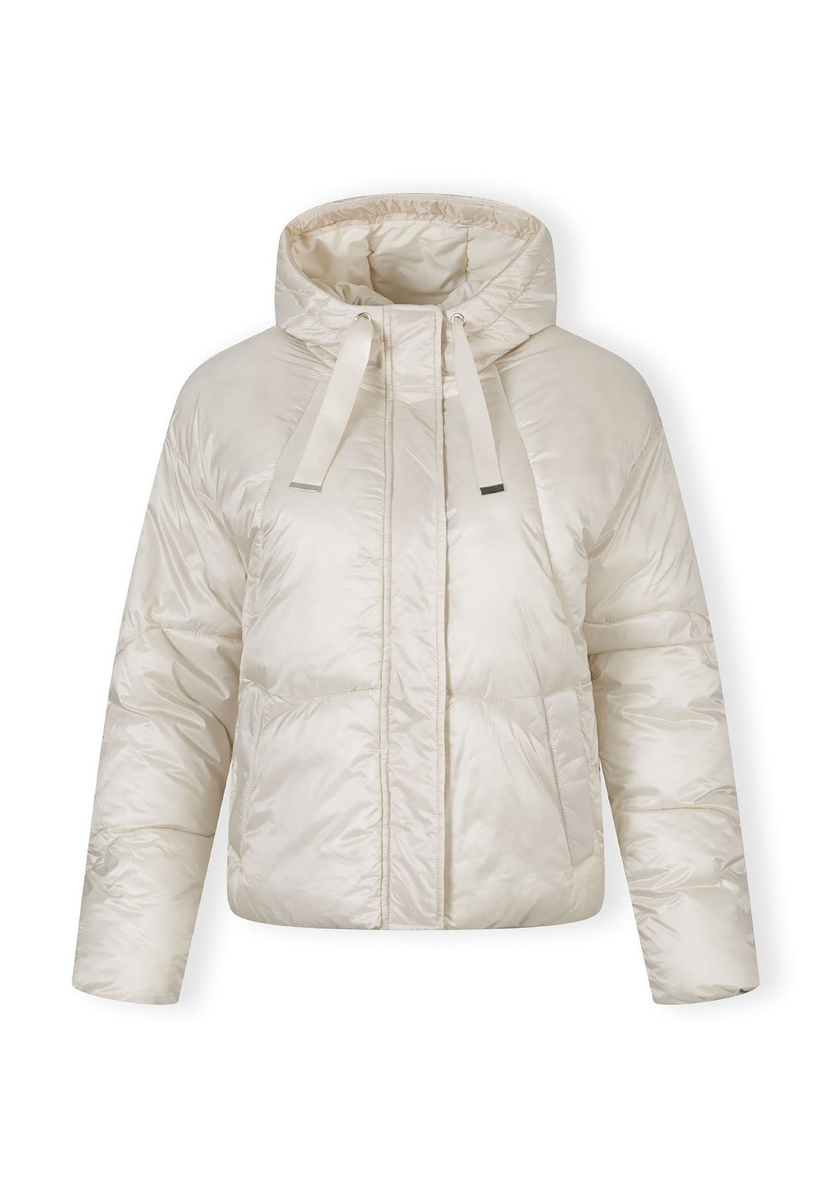 Front of a cream puffer jacket.