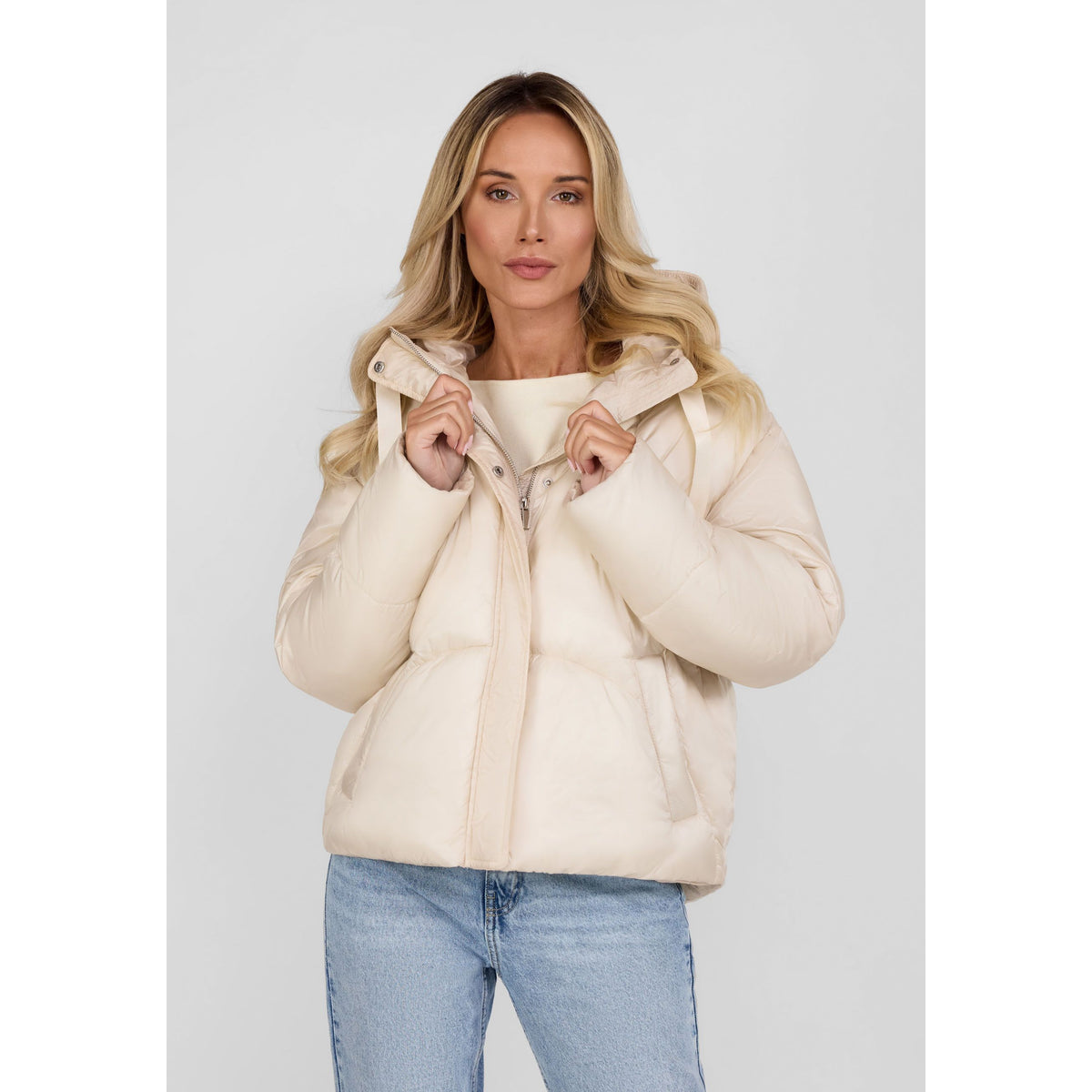 Women's puffer jacket in cream — complete product view for square Shop card