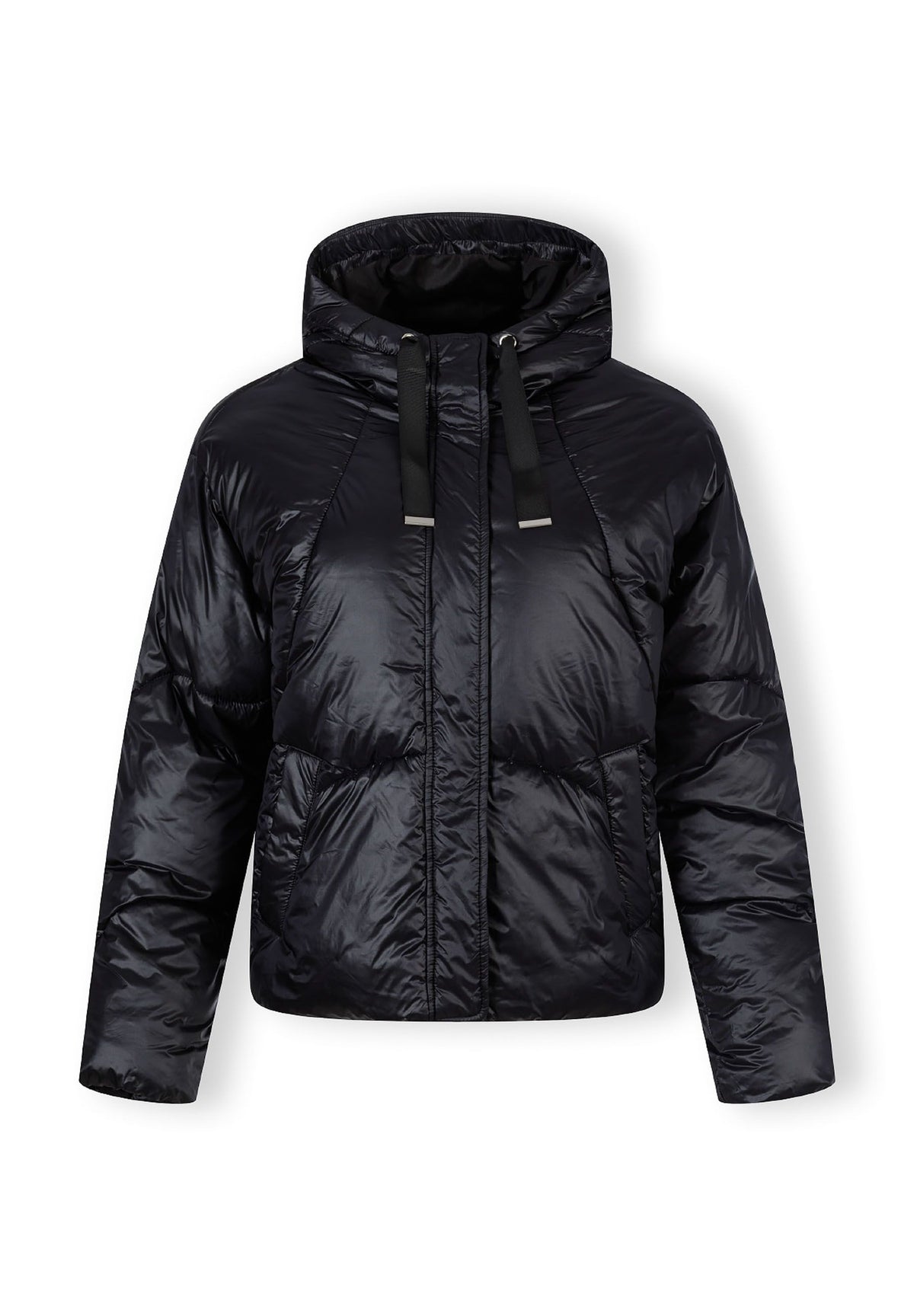 Front of a black puffer jacket.