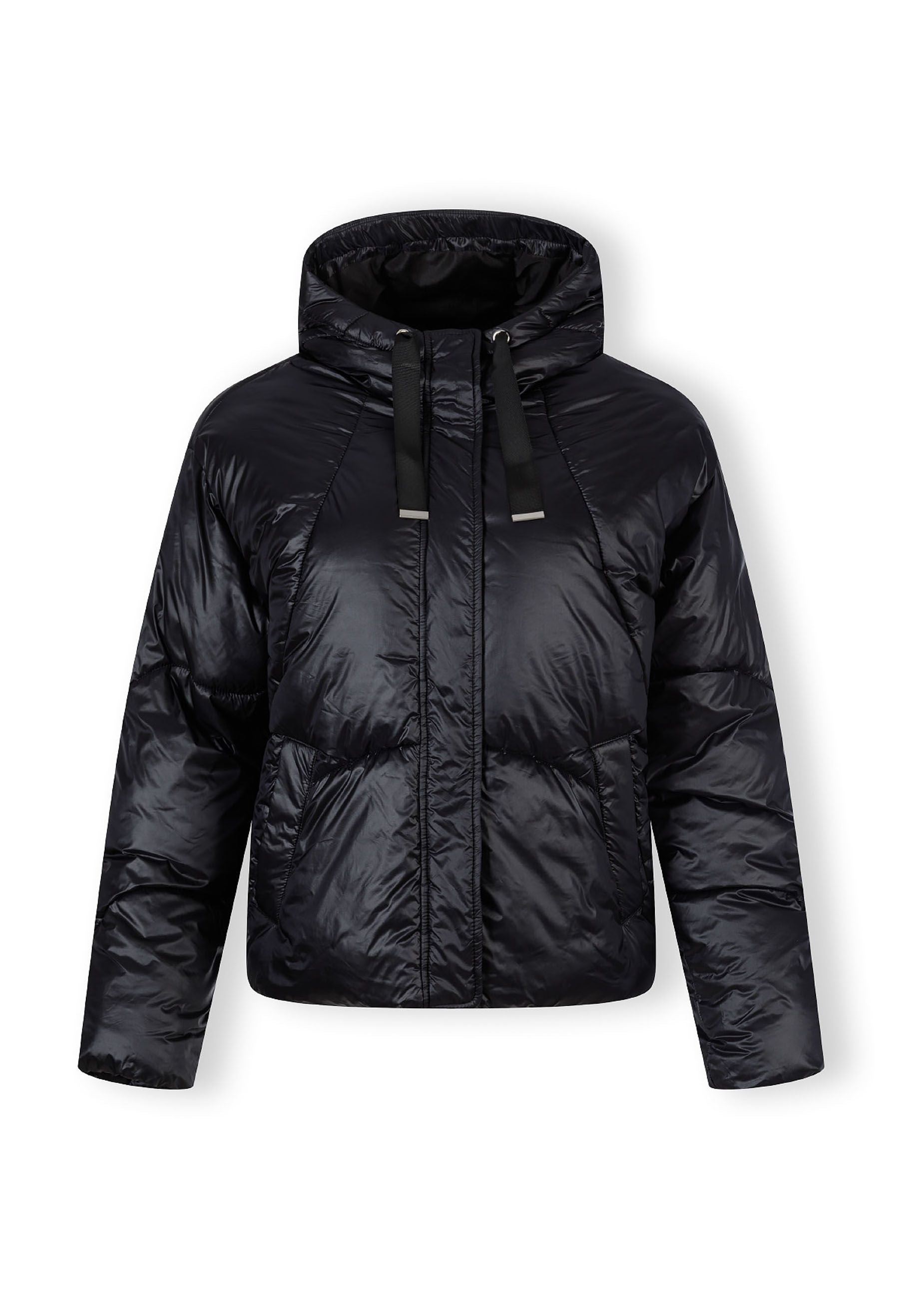 Women's short black insulated hooded jacket with a full-length zipper and two side pockets.