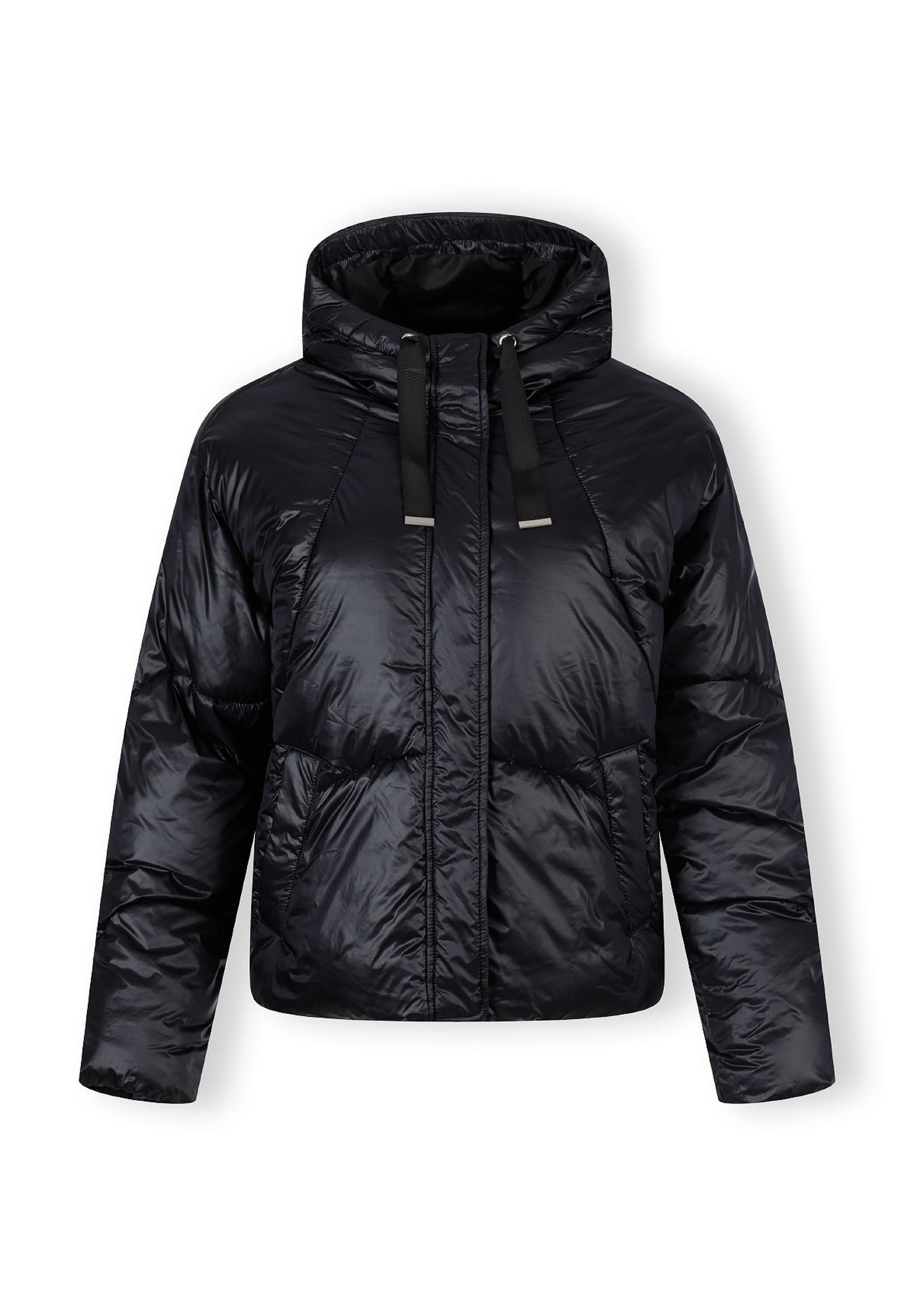 Women's short black insulated hooded jacket with a full-length zipper and two side pockets.