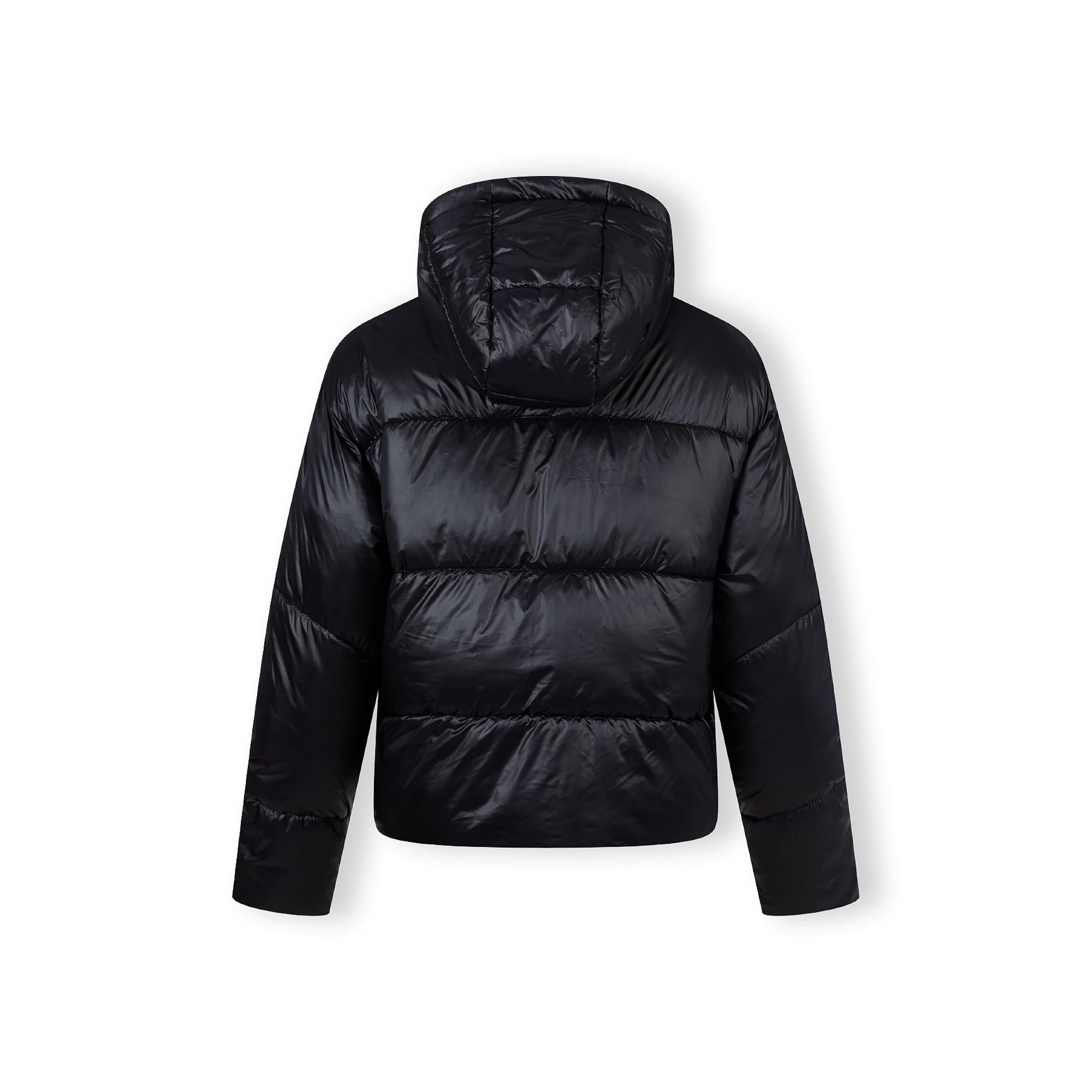 Back view of black quilted puffer jacket showing horizontal quilting pattern and hood detail on white background