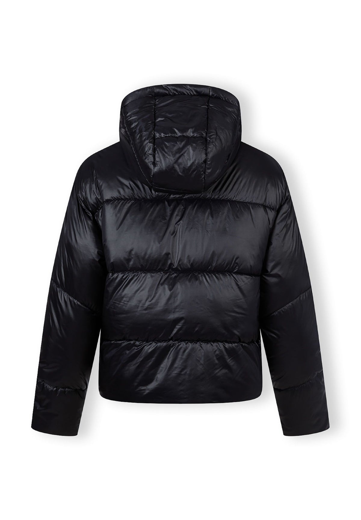Back of a black puffer jacket.