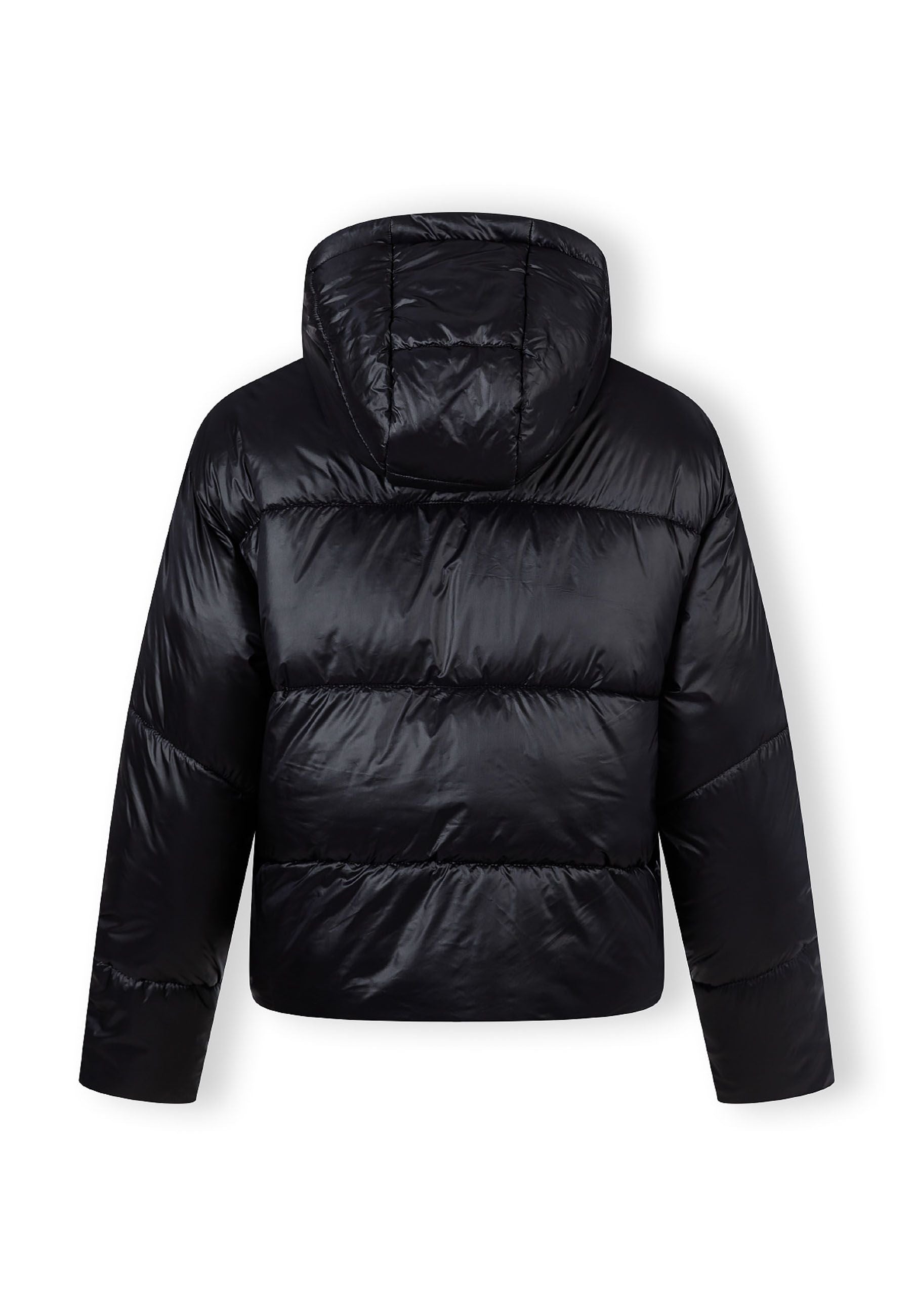 Back view of a women's short insulated hooded jacket in black with curved stitched detailing.