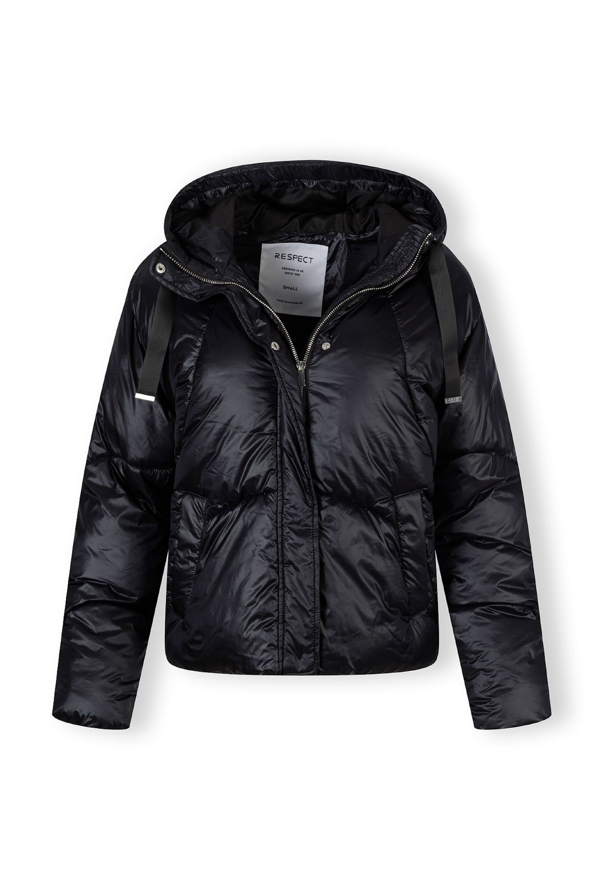 The black puffer jacket shown open to reveal the inside.