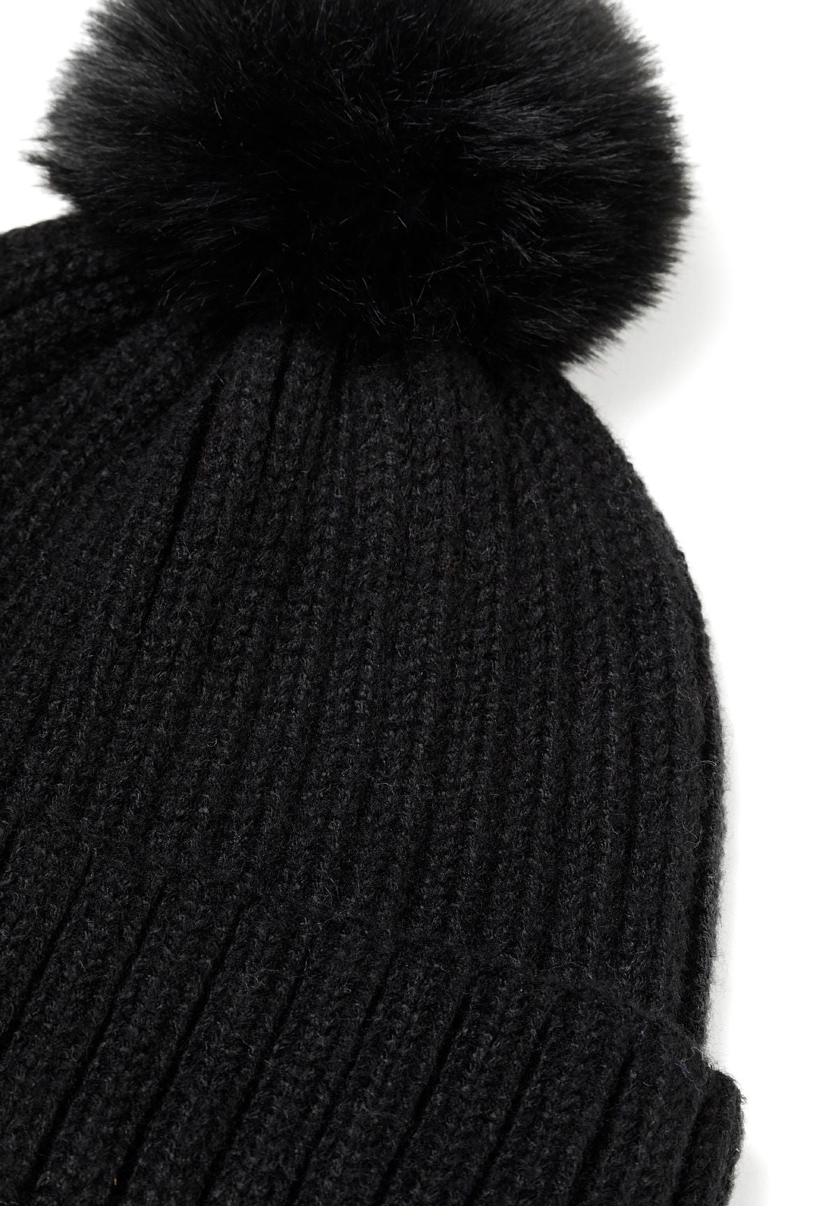 Black hat and snood set, fluffy pompom and hat crown.