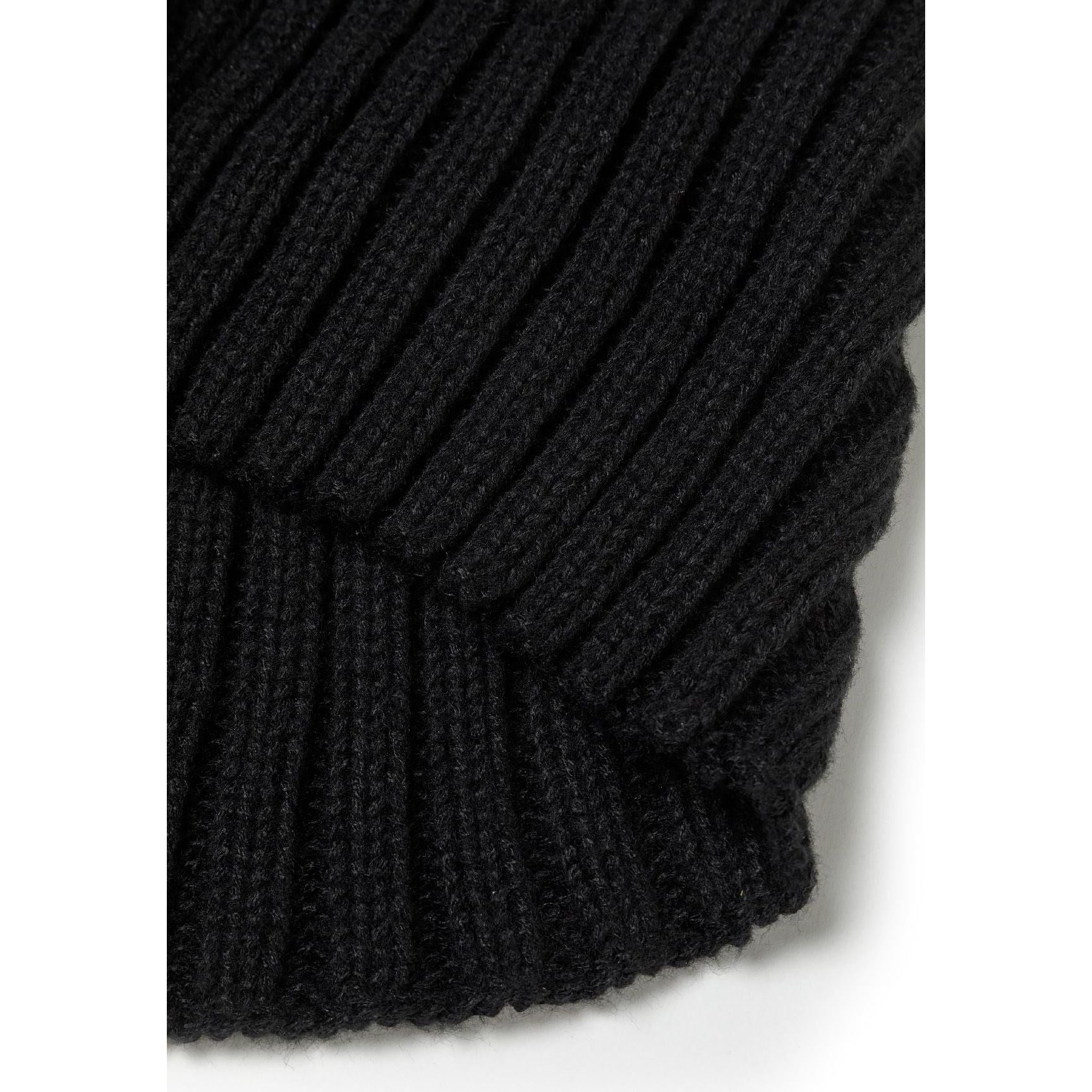 Close-up detail of black ribbed knit texture showing the vertical ribbed pattern and soft yarn construction of the winter accessories
