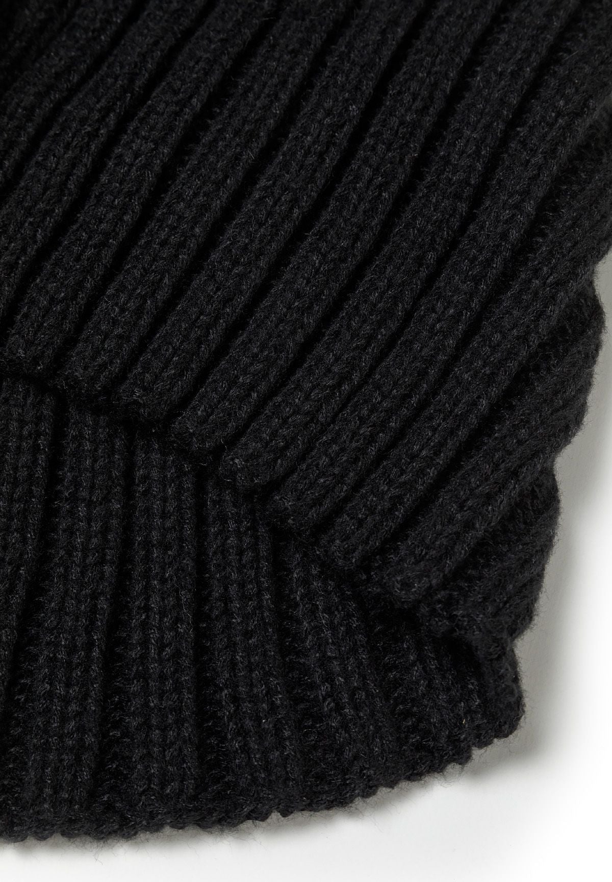 Close-up of a black knitted beanie with ribbed texture and a faux fur pom pom.