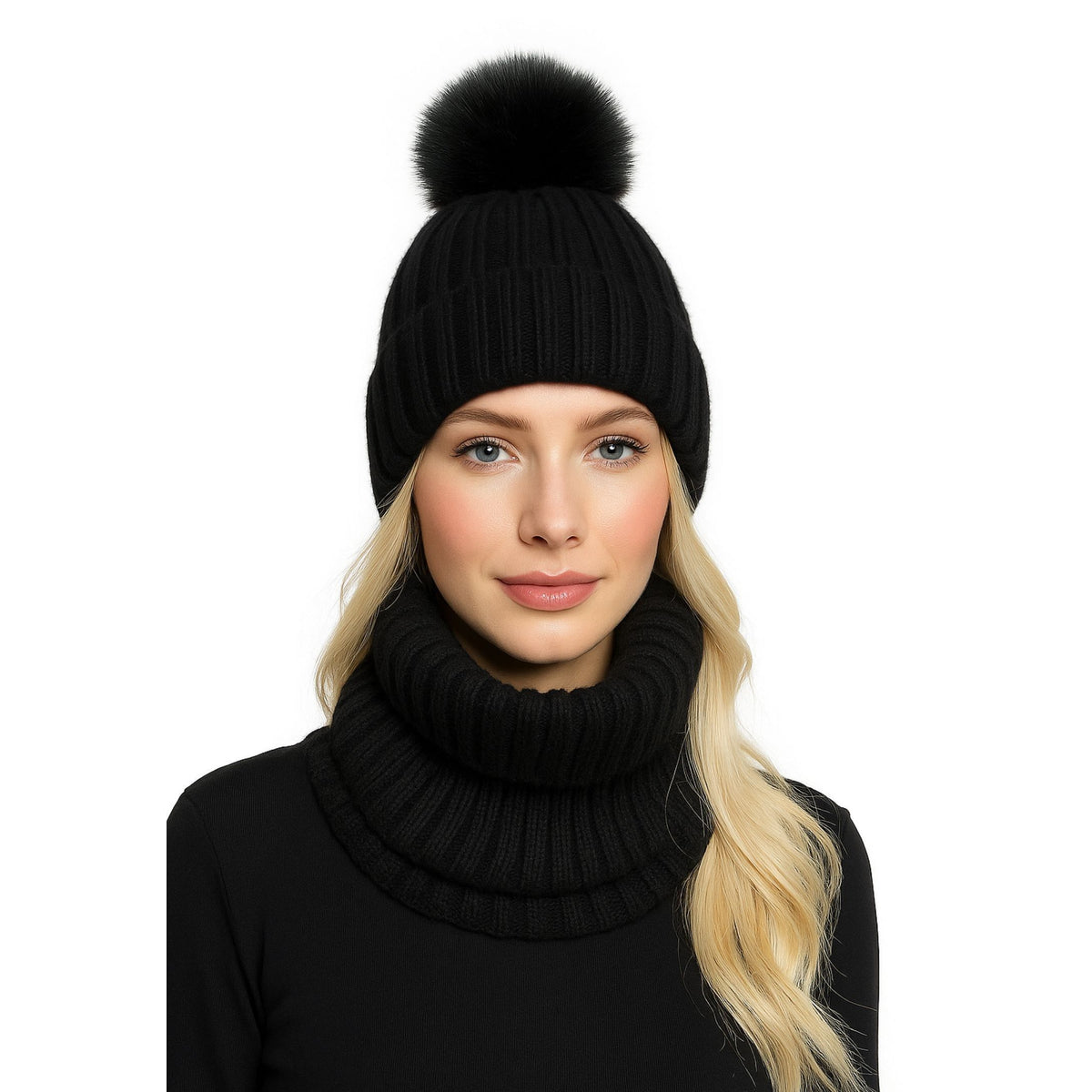Women's hat and snood set in black — complete product view for square Shop card