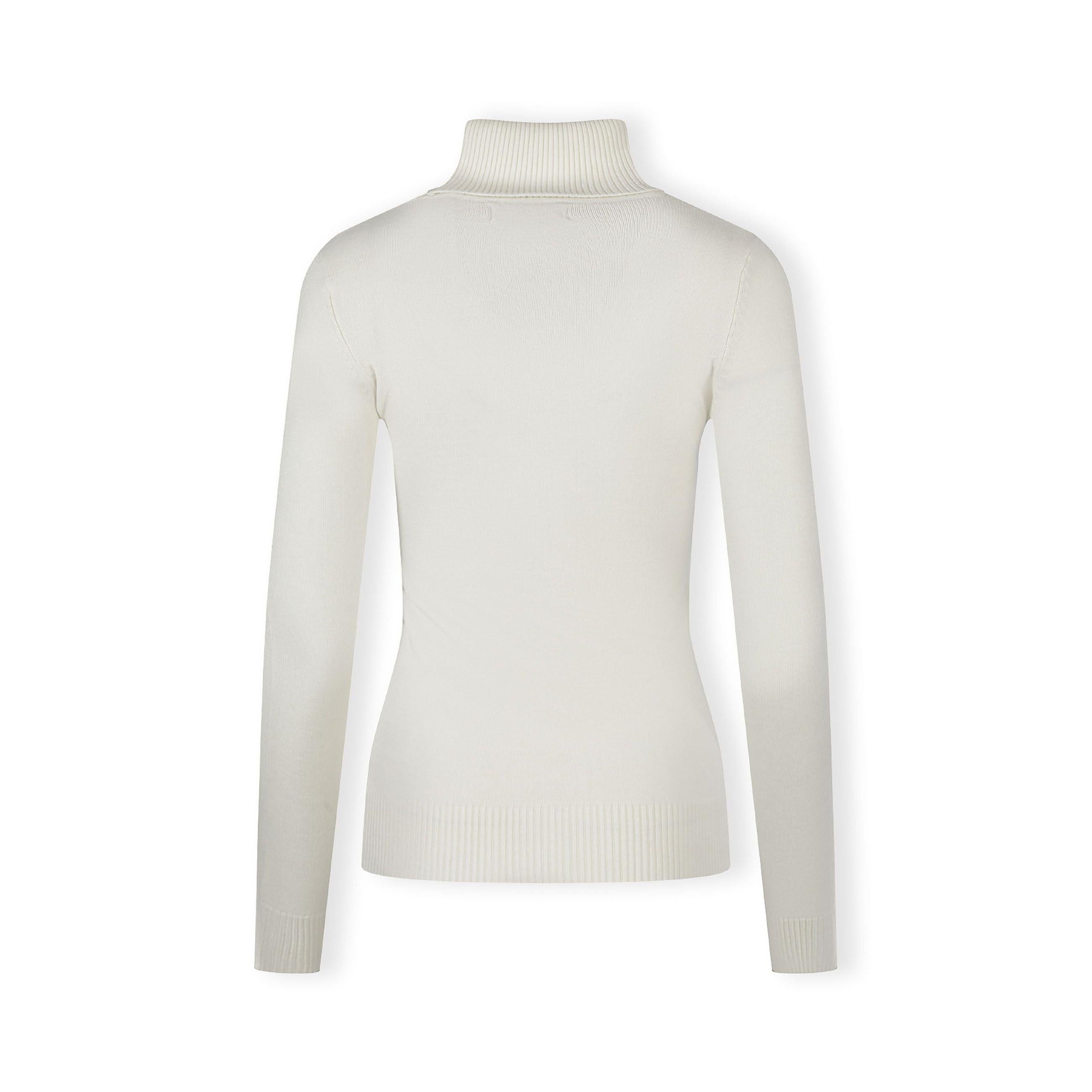 Back view of cream turtleneck jumper laid flat showing ribbed collar and cuffs on white background