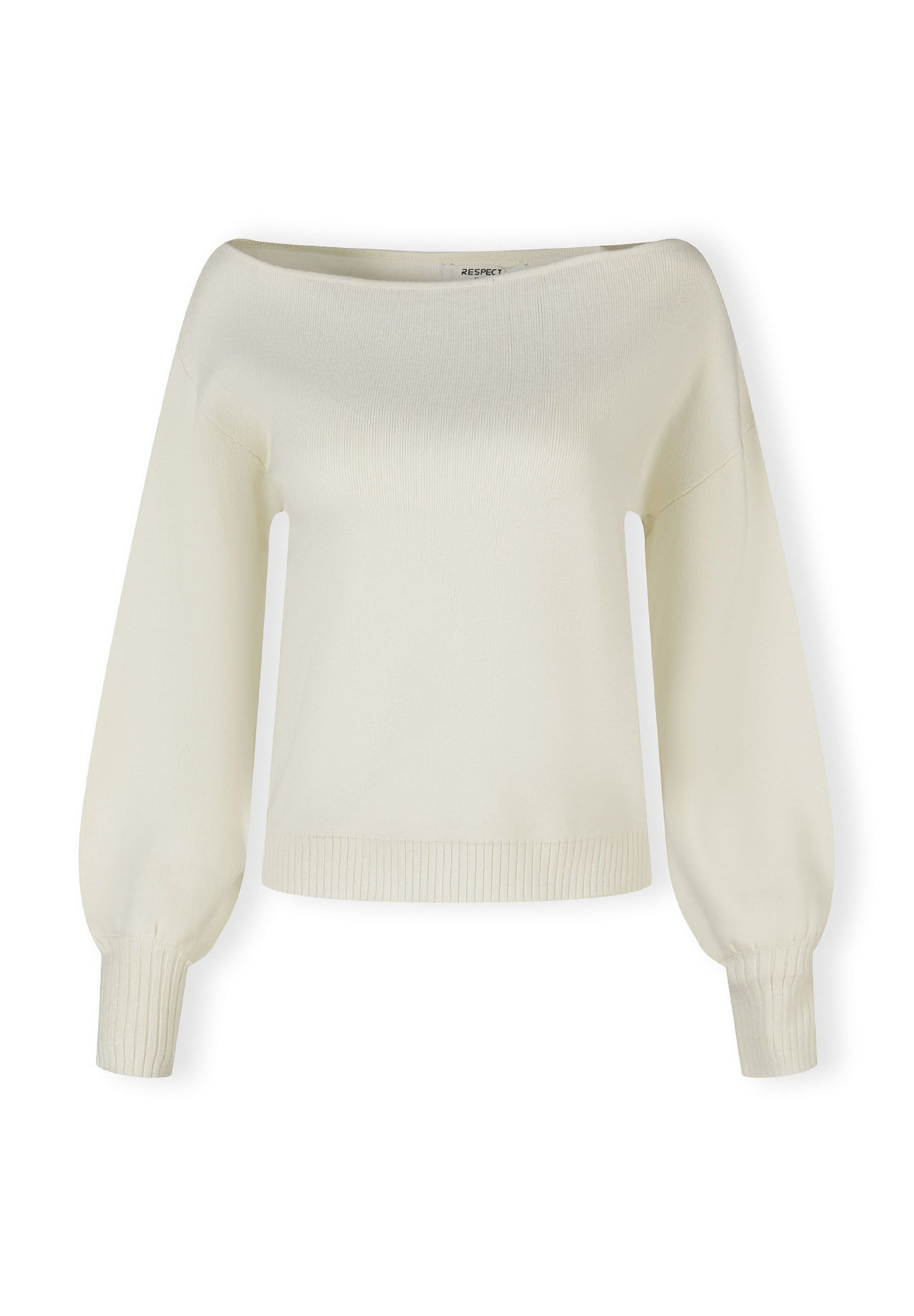 Women’s cream jumper with boat neckline, long sleeves, and ribbed cuffs.