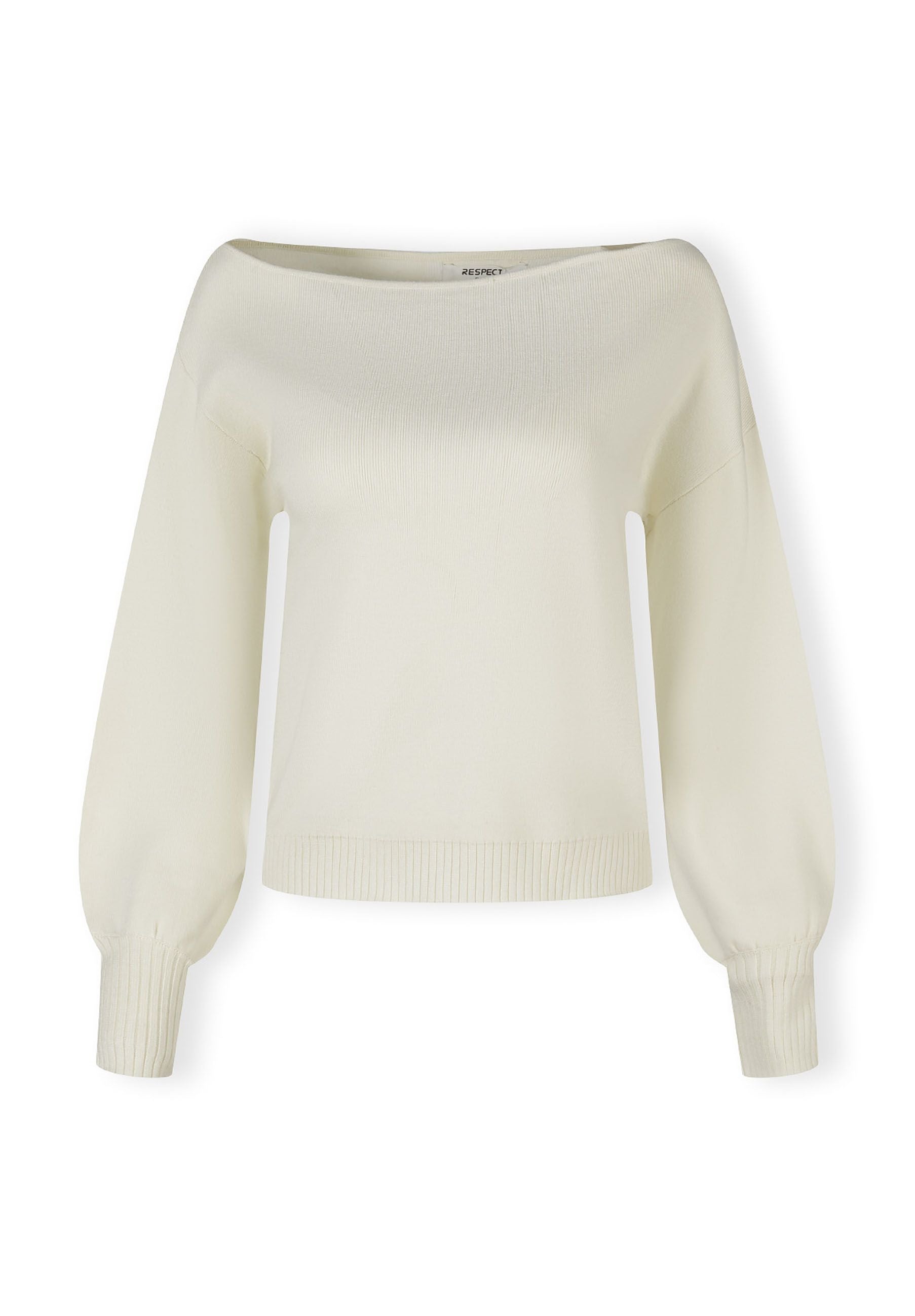 Women’s cream jumper with boat neckline, long sleeves, and ribbed cuffs.