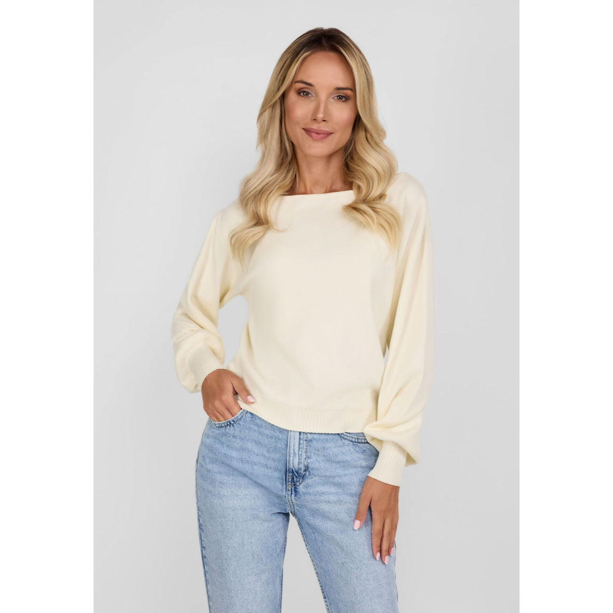 Women's boat neck jumper in cream — complete product view for square Shop card
