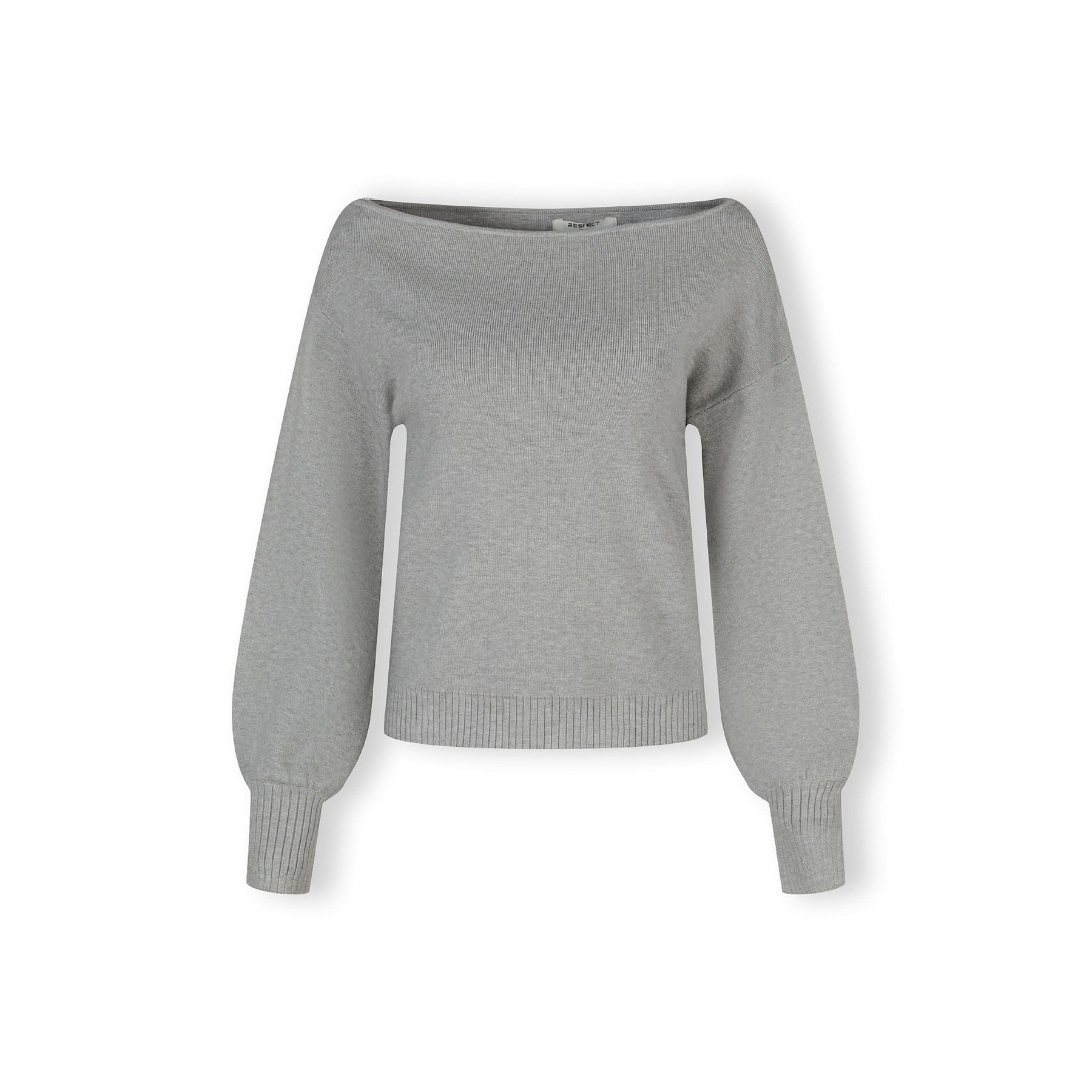 Grey boat neck jumper laid flat showing full garment construction with wide neckline, long sleeves and ribbed hem detail