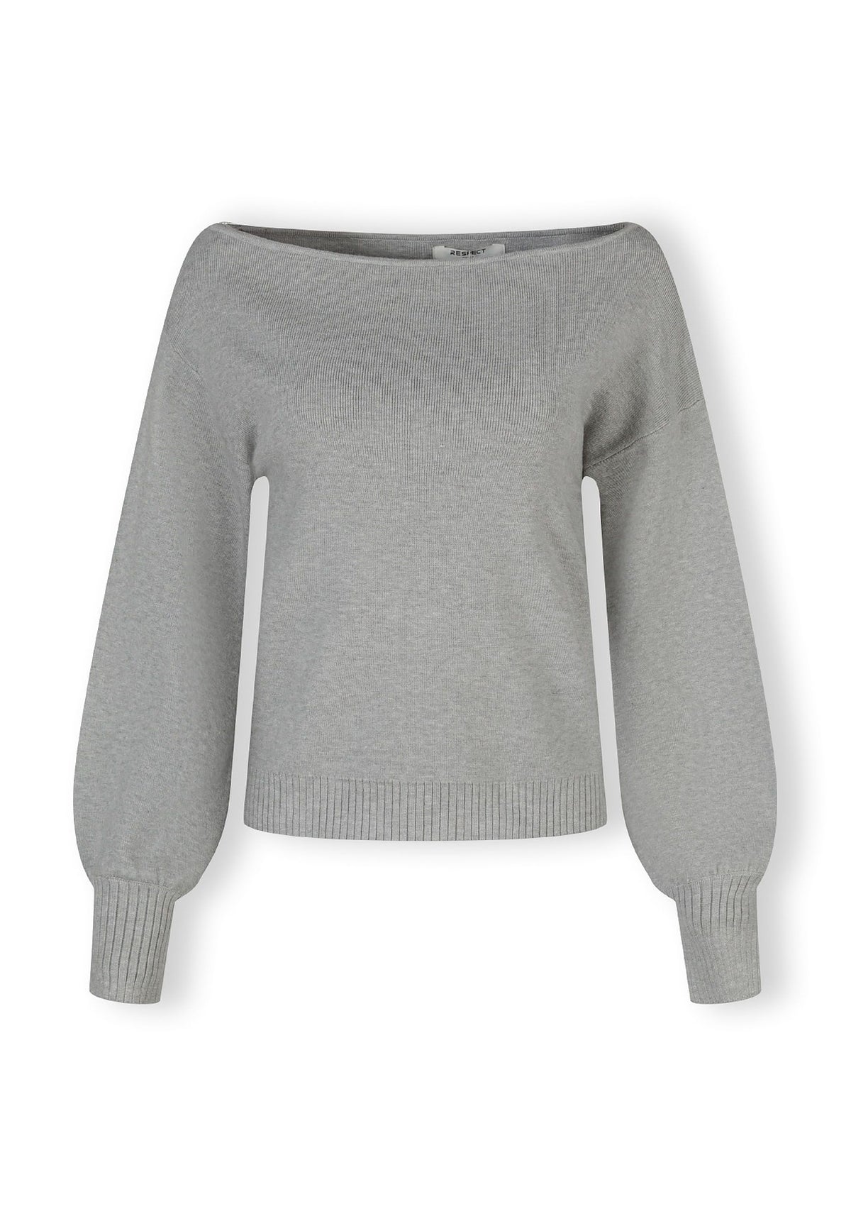 Grey boat neck jumper, front.