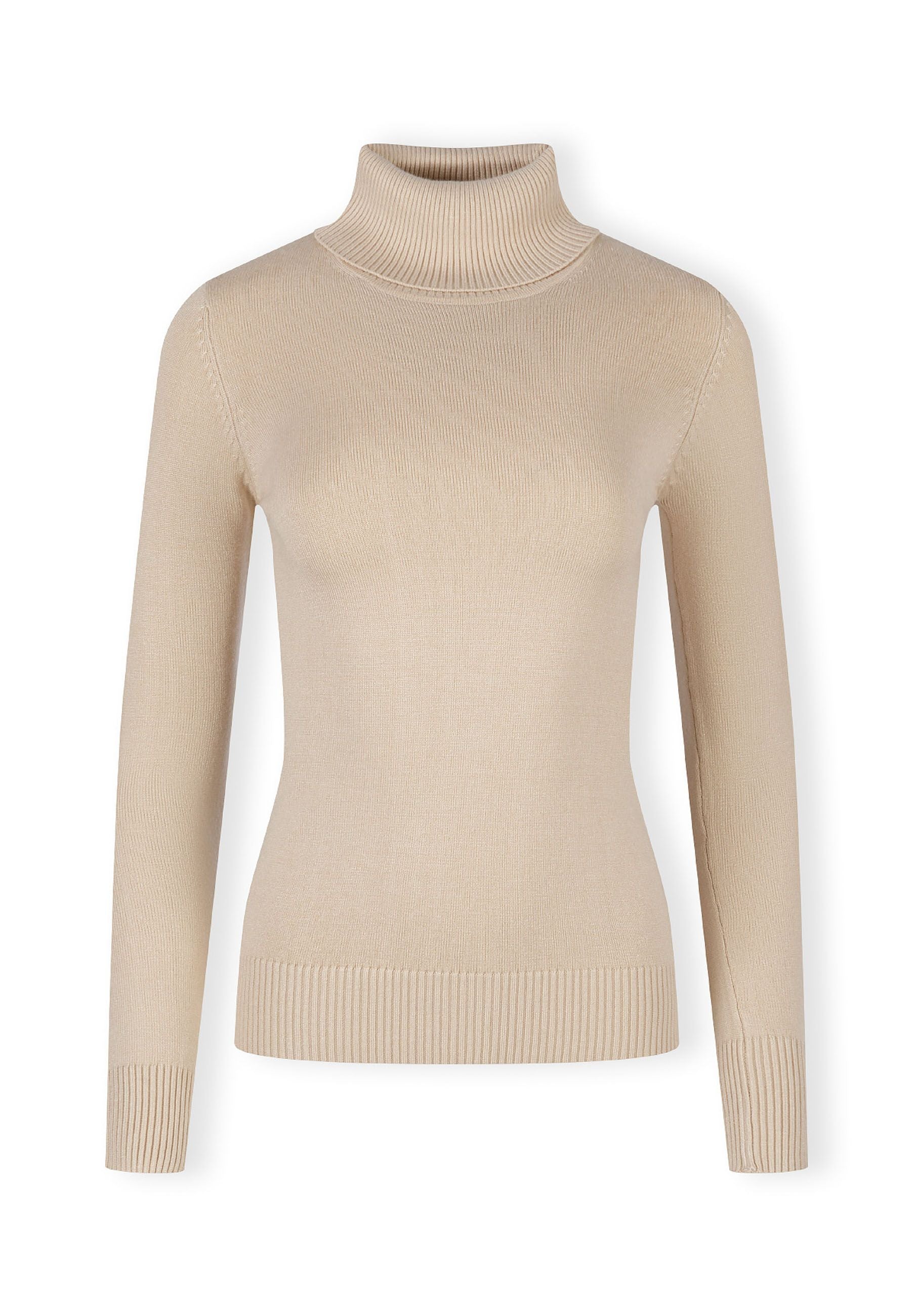 Beige women's turtleneck jumper, front view, ribbed trims at hem and cuffs.