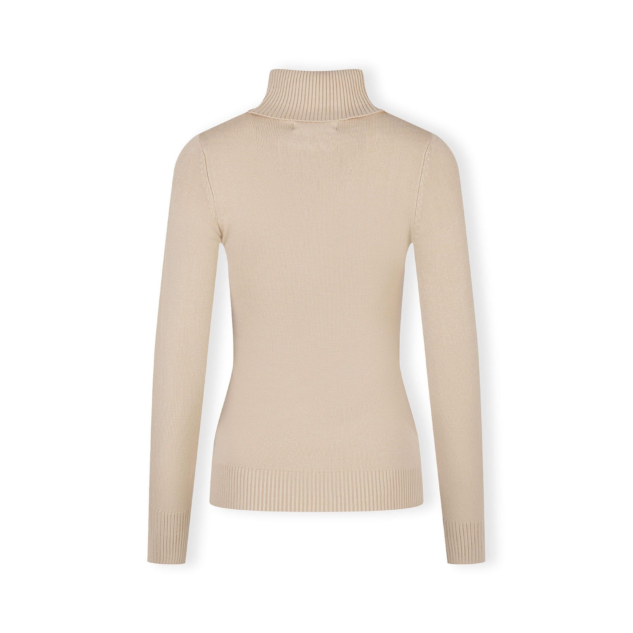Beige turtleneck jumper flat lay on white background showing ribbed collar details and long sleeves construction