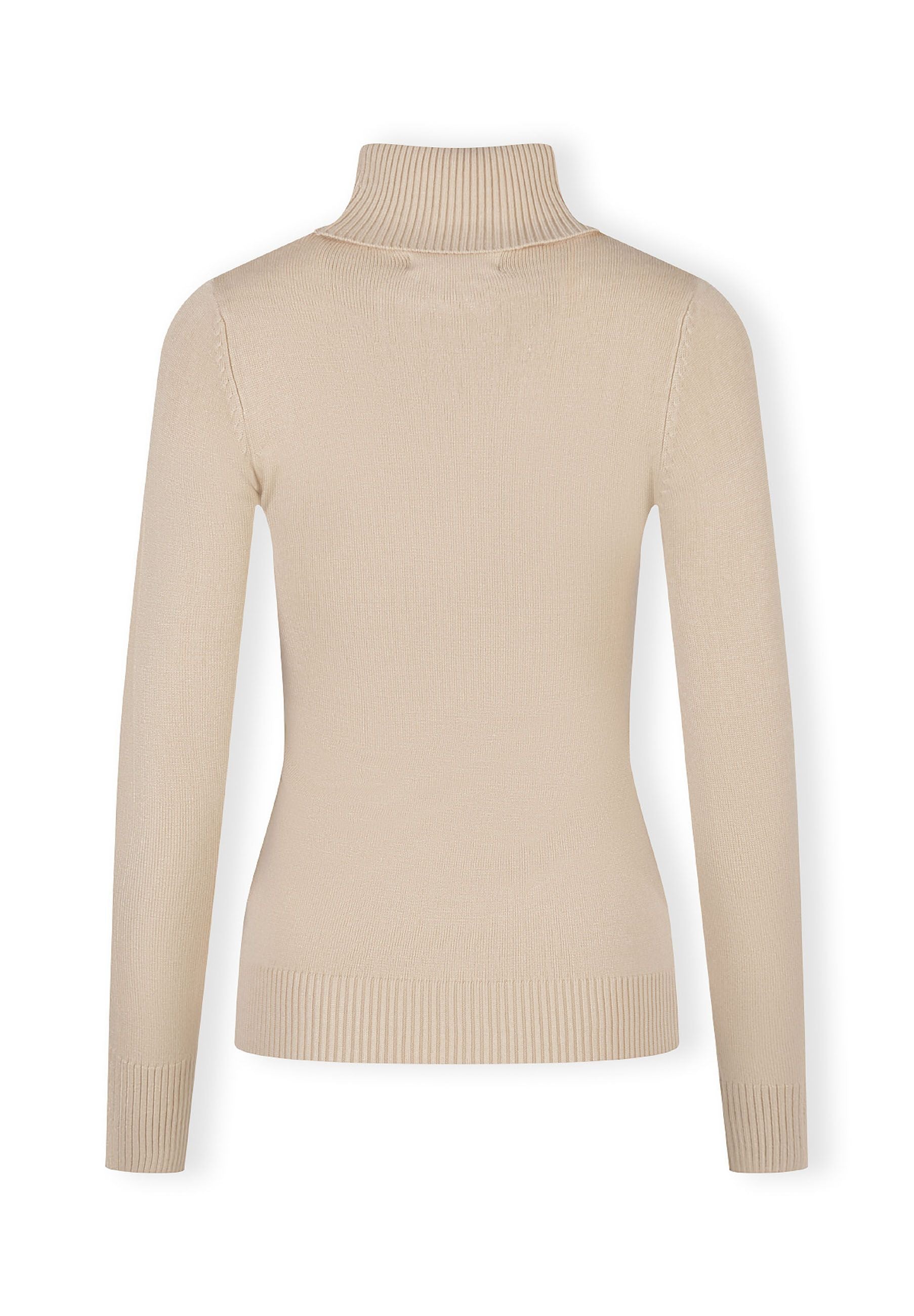Beige women's turtleneck jumper, back view with ribbed trims.