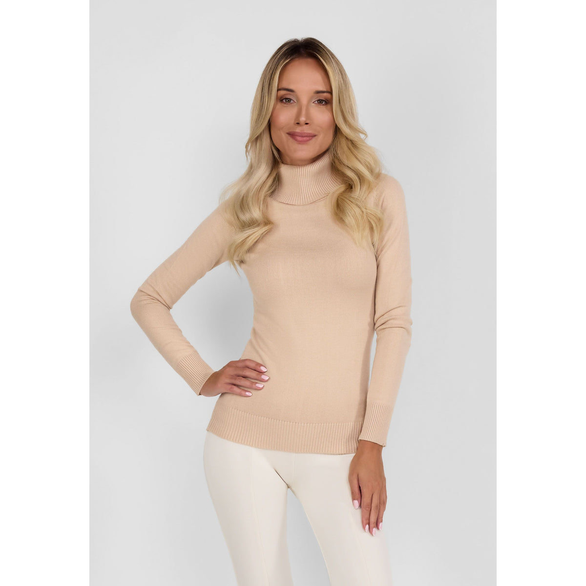 Women's roll neck jumper in beige — complete product view for square Shop card
