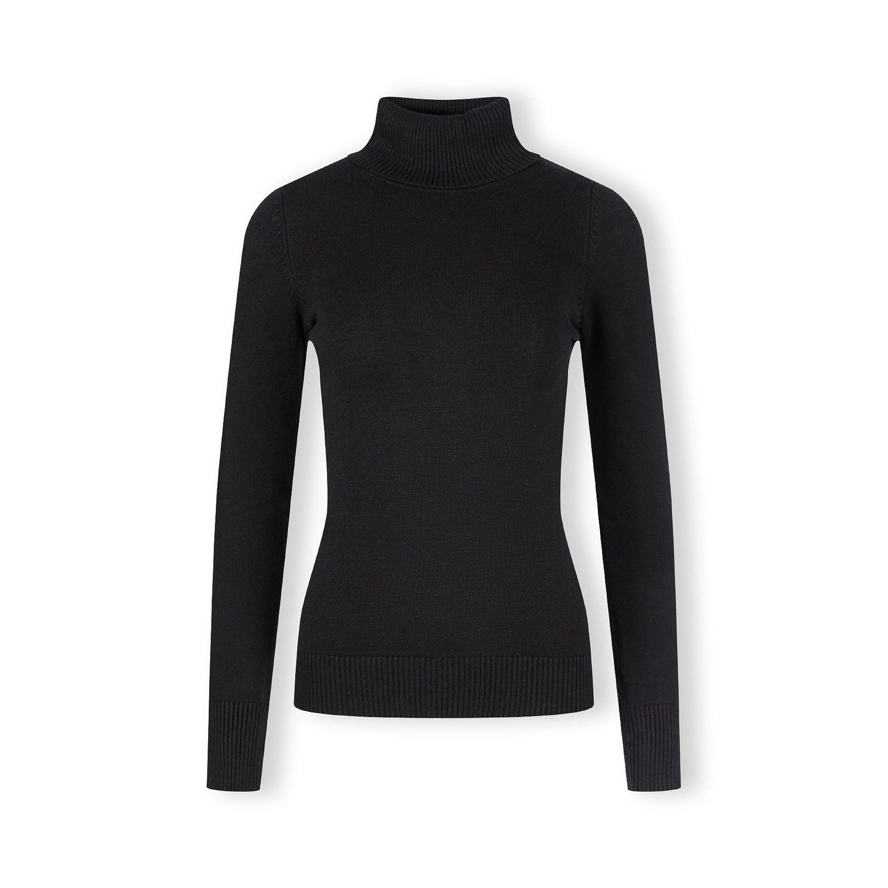 Black turtleneck jumper laid flat showing ribbed collar detail and long sleeves on white background