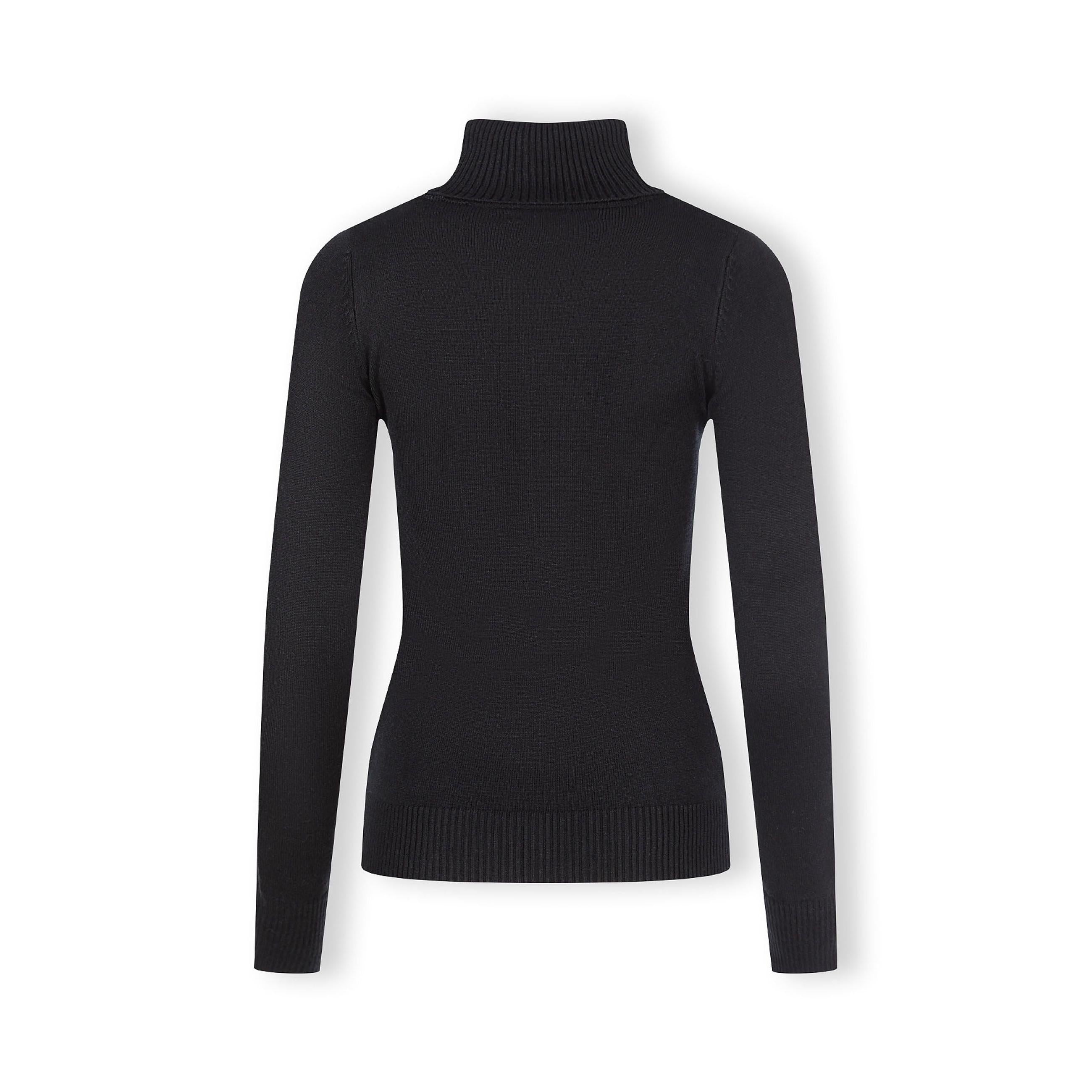 Black turtleneck jumper laid flat showing ribbed collar detail and long sleeves on white background