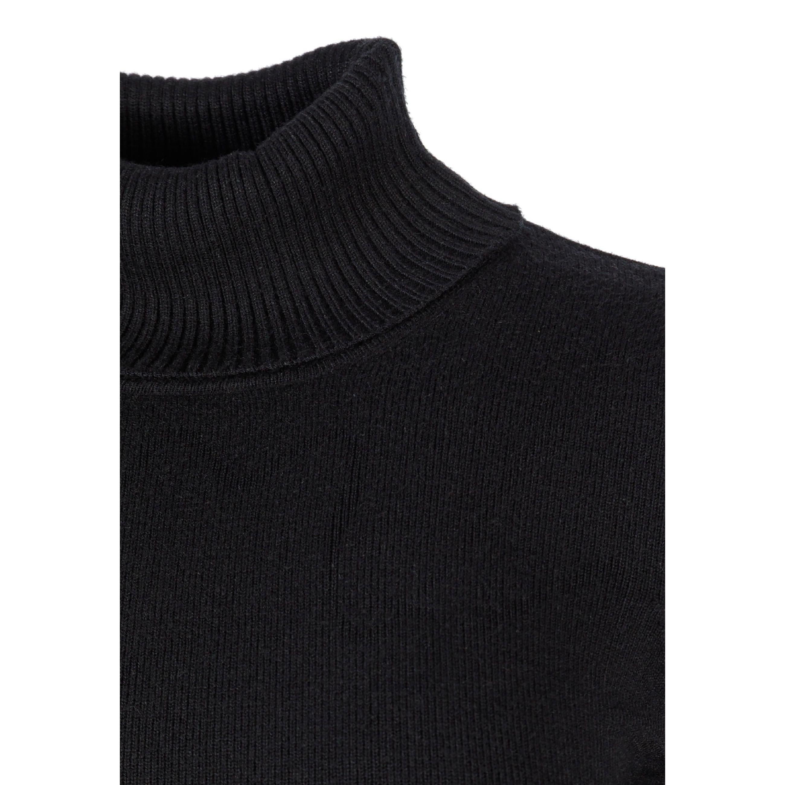 Close-up detail of black turtleneck collar showing ribbed knit texture and construction