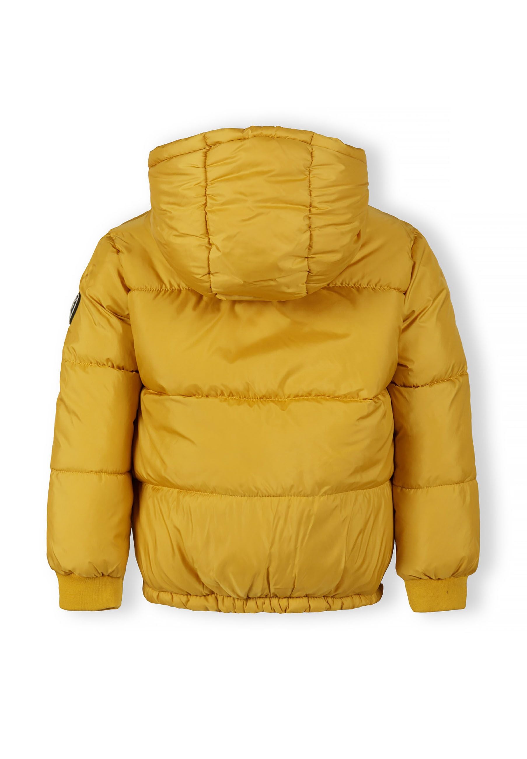 Boys mustard teddy lined jacket, back view with hood and elasticated hem.
