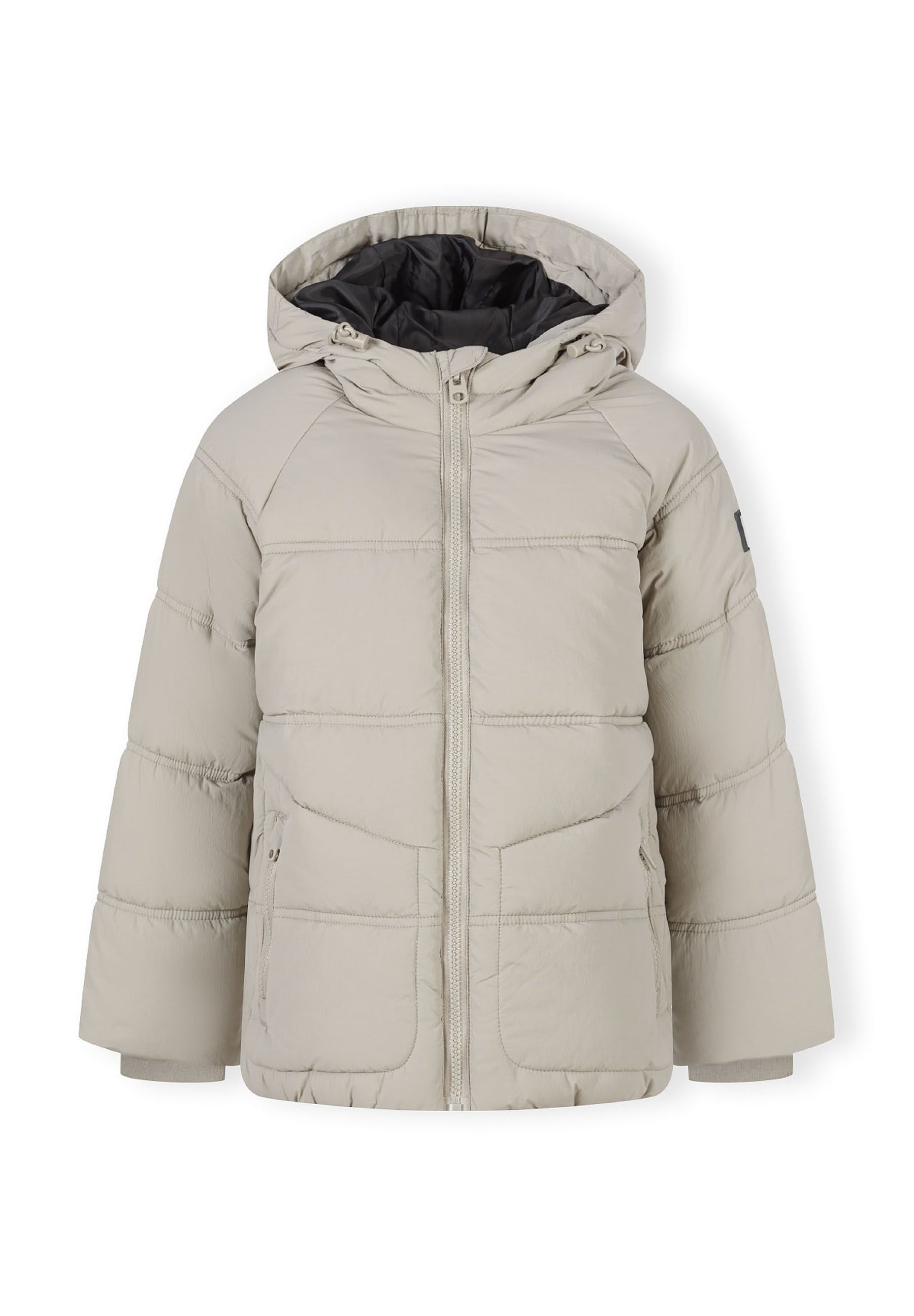 Boys quilted jacket in grey, front view, featuring a hood and zip pockets.