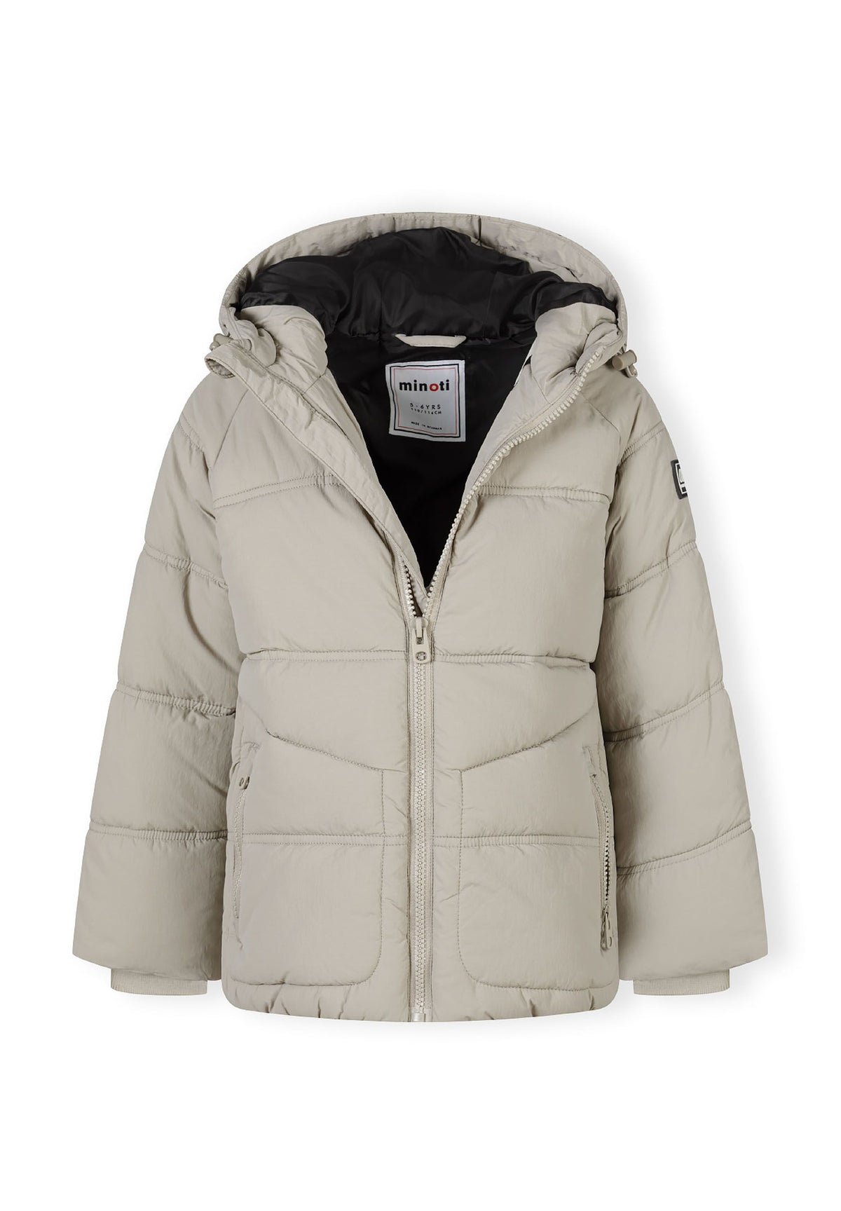 The stone puffer jacket shown open to reveal the inside.