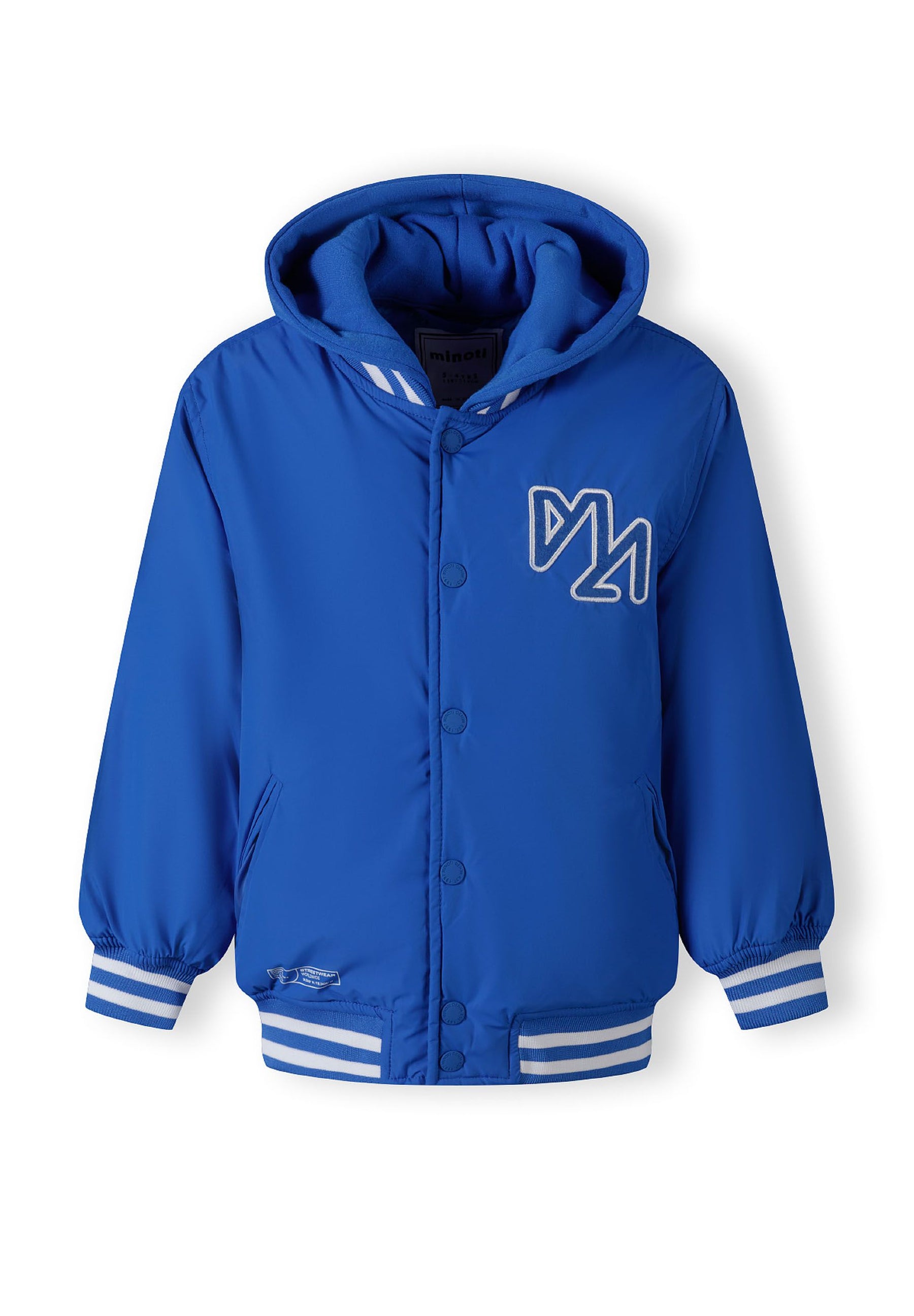 Boys baseball style jacket in cobalt blue with detachable hood, front view, featuring ribbed cuffs and chest embroidery.