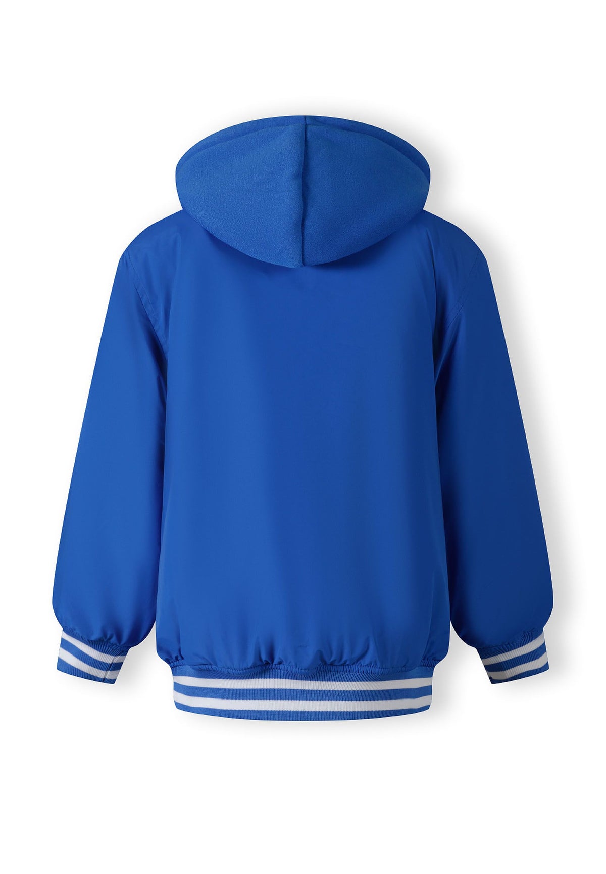 Back of a blue varsity jacket.