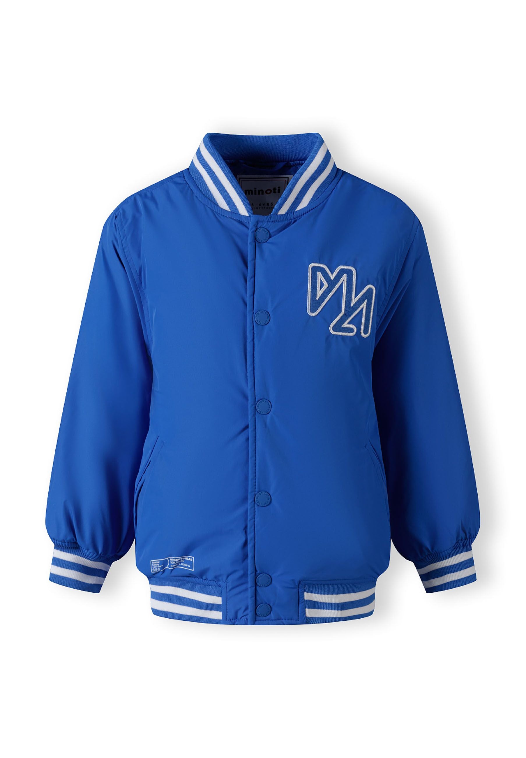 Boys baseball style jacket in cobalt blue, front view with ribbed cuffs and waistband.