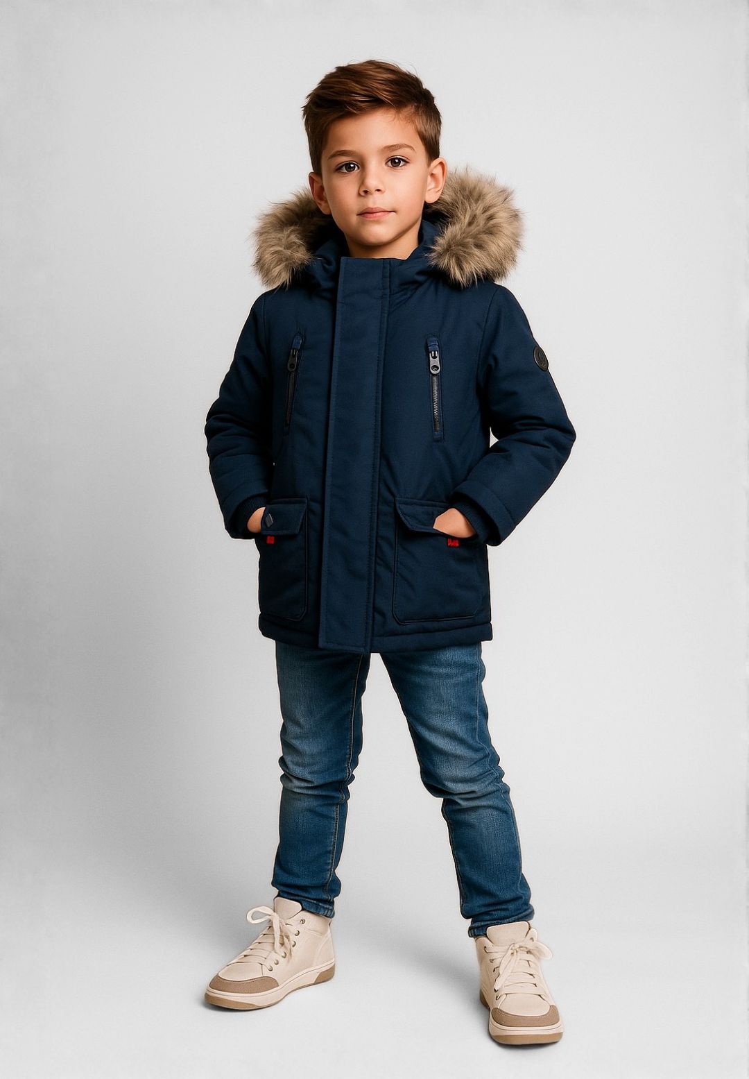 Boys winter parka in navy with faux fur hood, front view, featuring zippered and flap pockets.