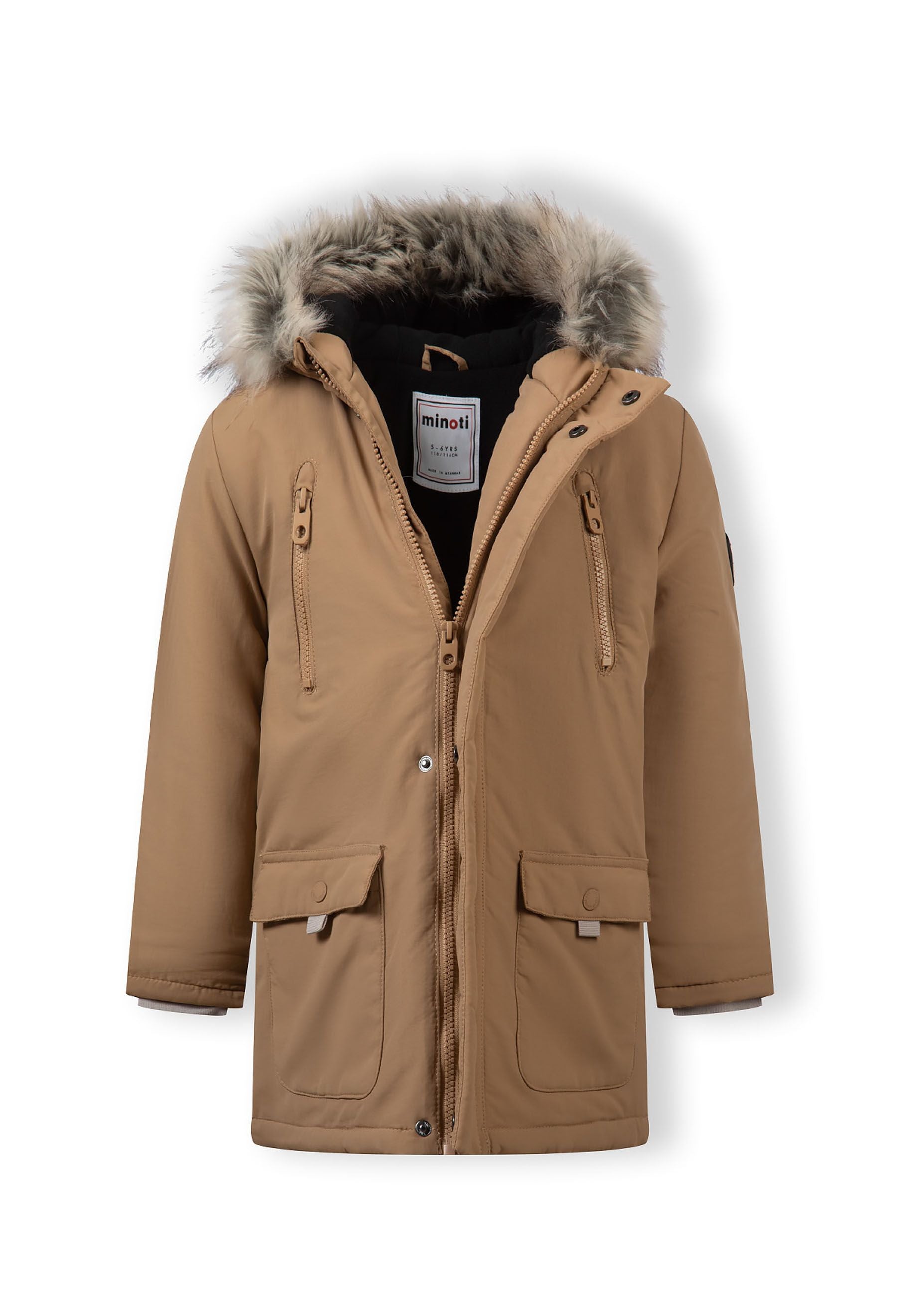 Boys hooded winter parka in beige, front view with faux fur trim and zippered pockets.