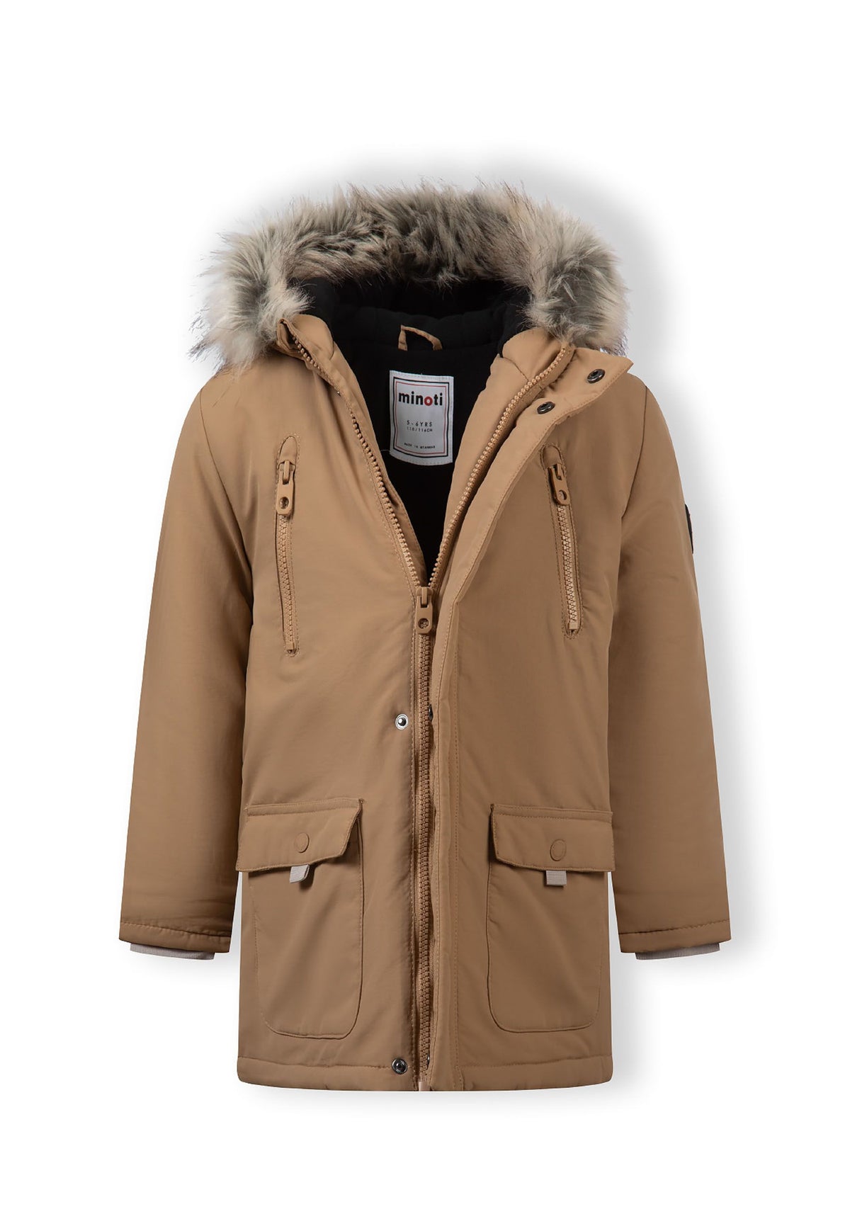 The camel parka shown open to reveal the inside.