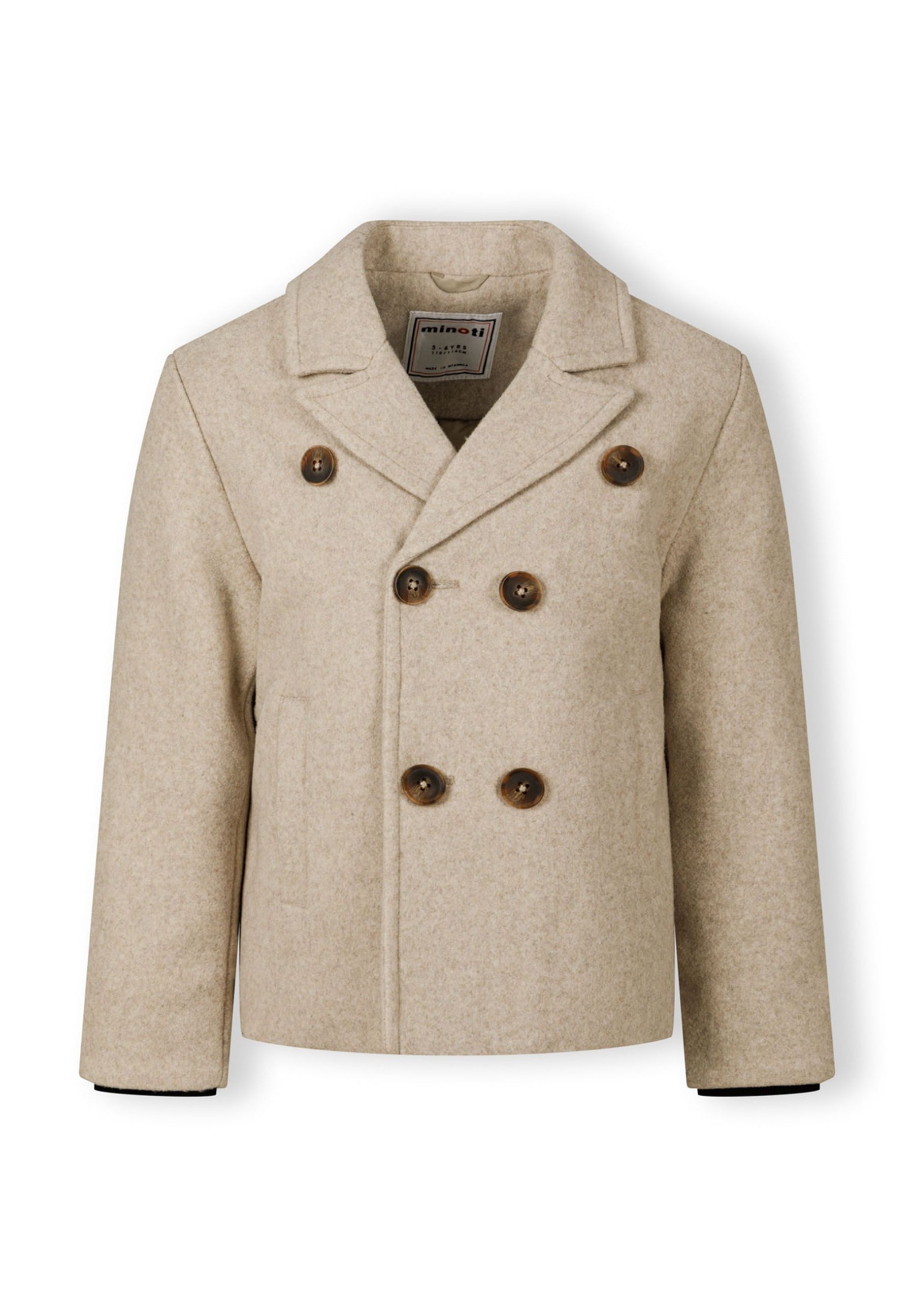 Boys double-breasted coat with notched collar, beige, front view, features matte buttons and ribbed cuffs.