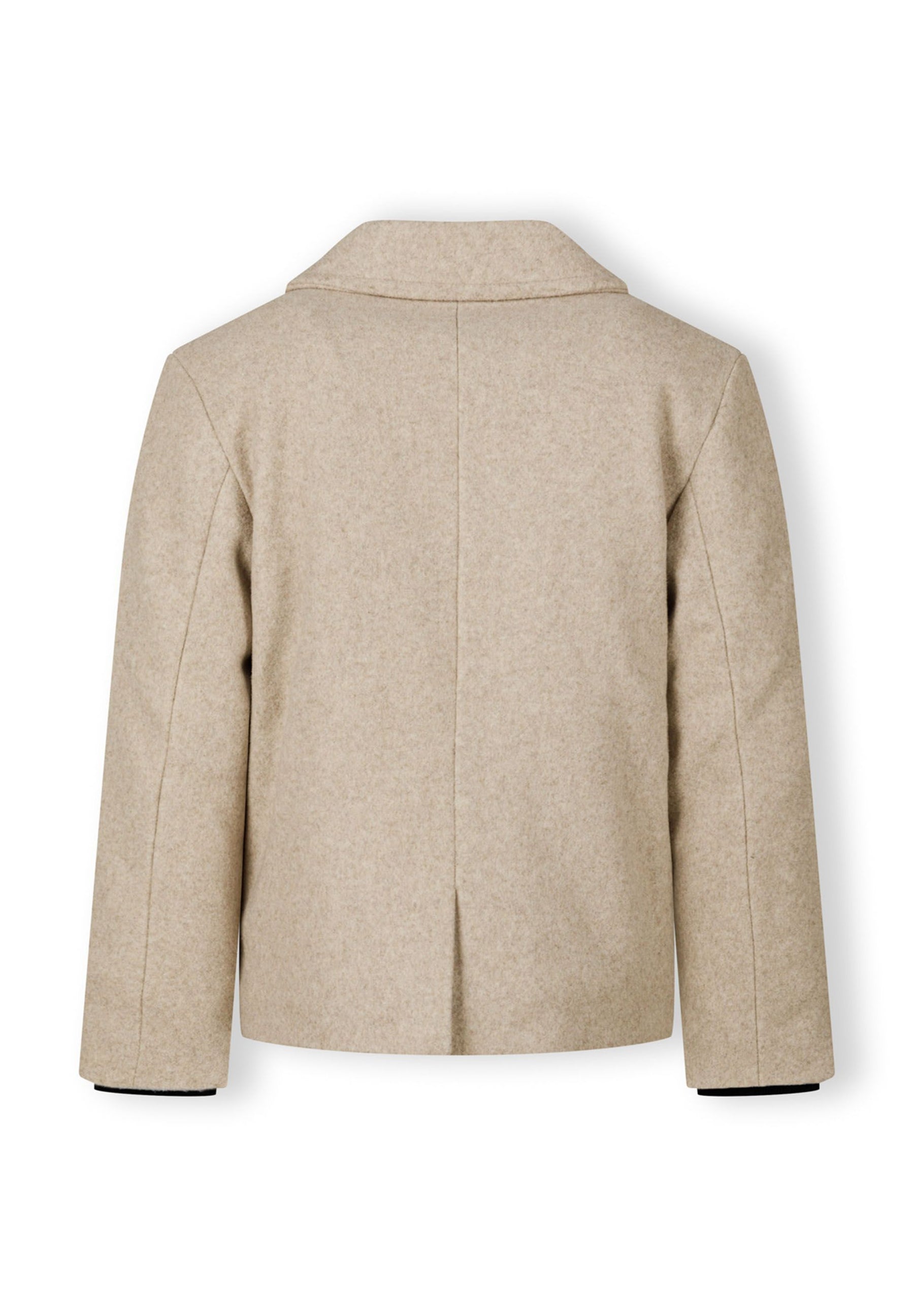 Boys double breasted coat, back view, features notched collar and ribbed cuffs.