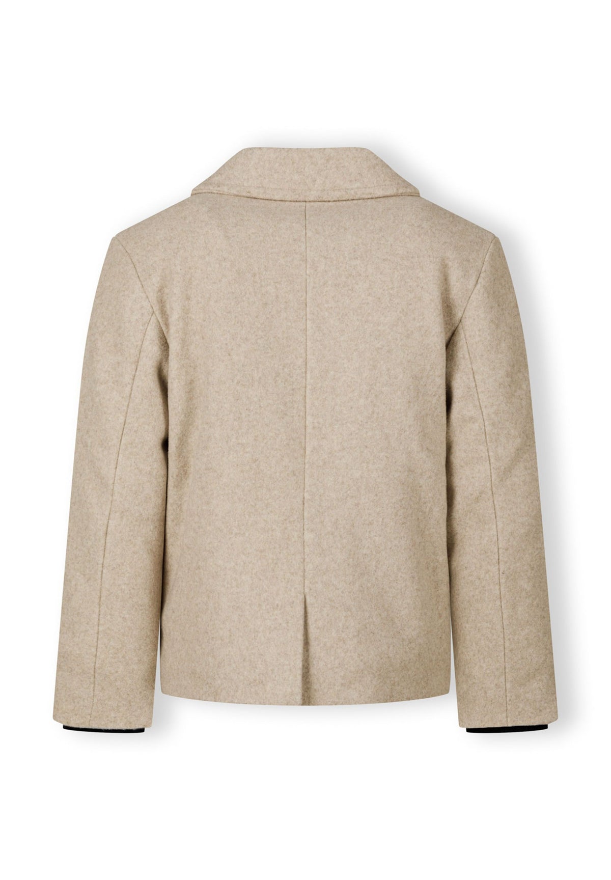 Back of a beige pea coat.