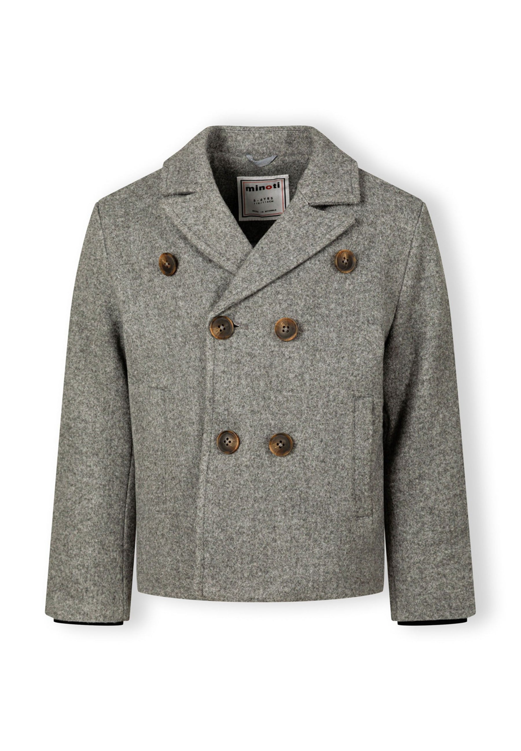 Boys double breasted grey coat, front view with buttons and collar.