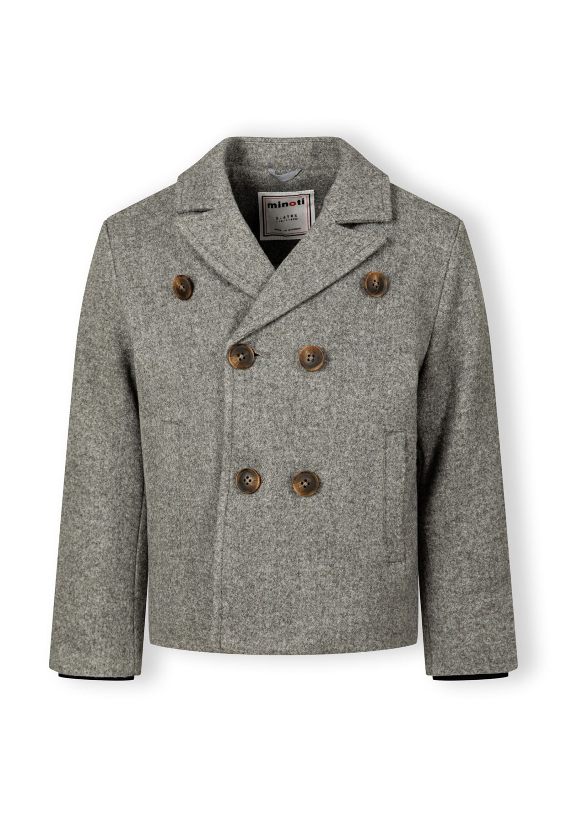 Boys double breasted grey coat, front view with buttons and collar.