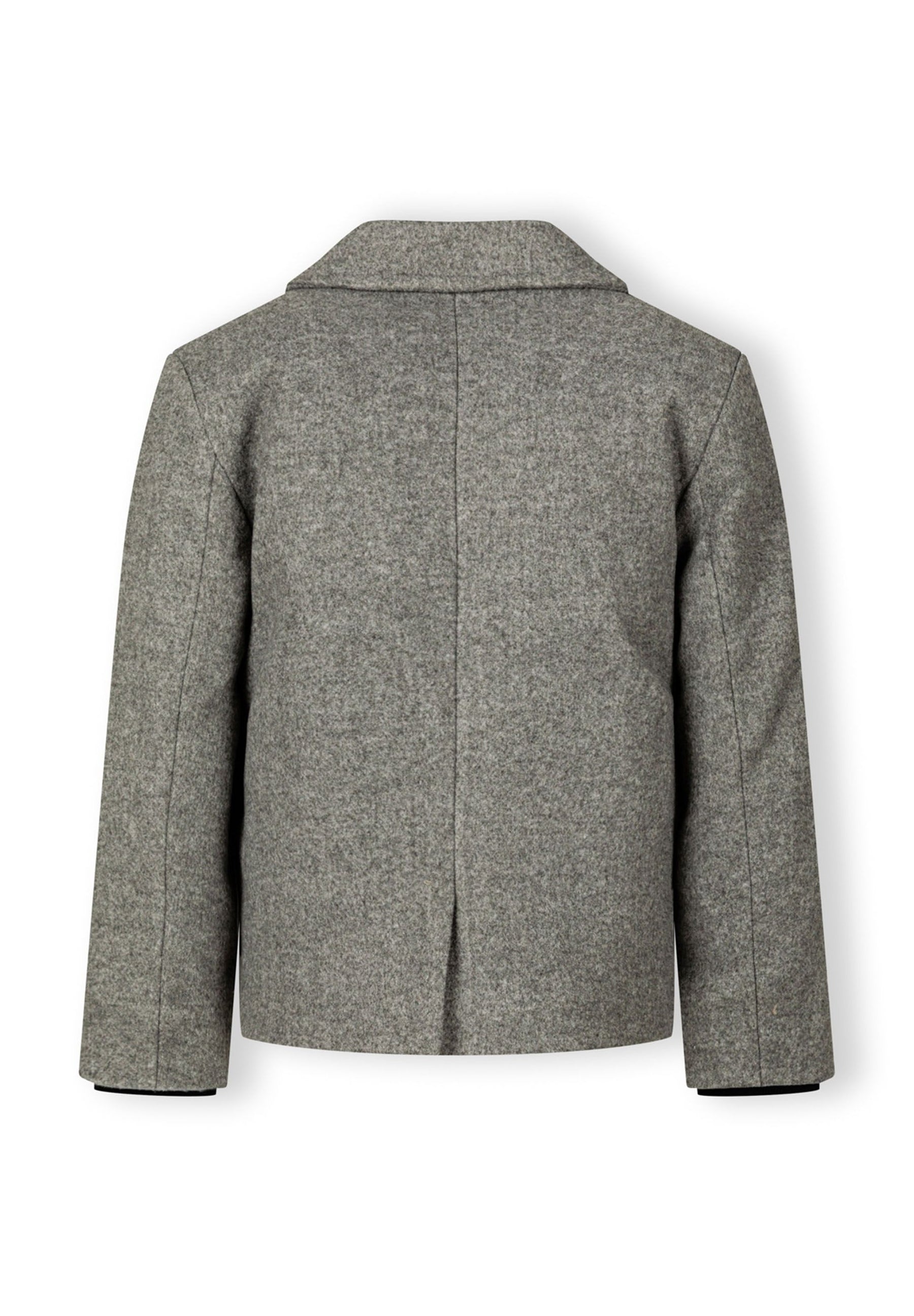Boys grey double breasted coat, back view with collar and ribbed cuffs.