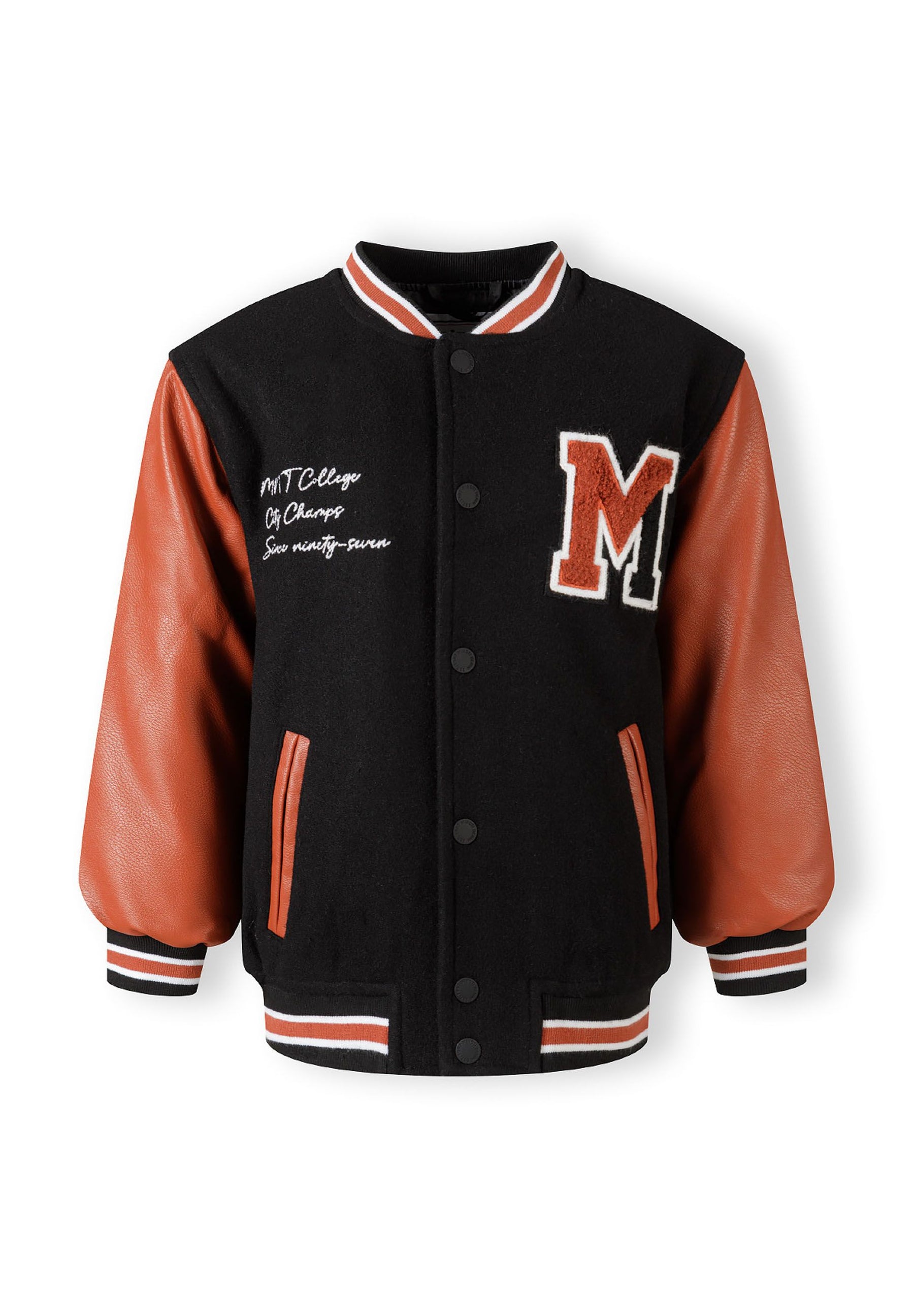 Boys varsity jacket in black with PU sleeves, snap closure, and bold chest embroidery.