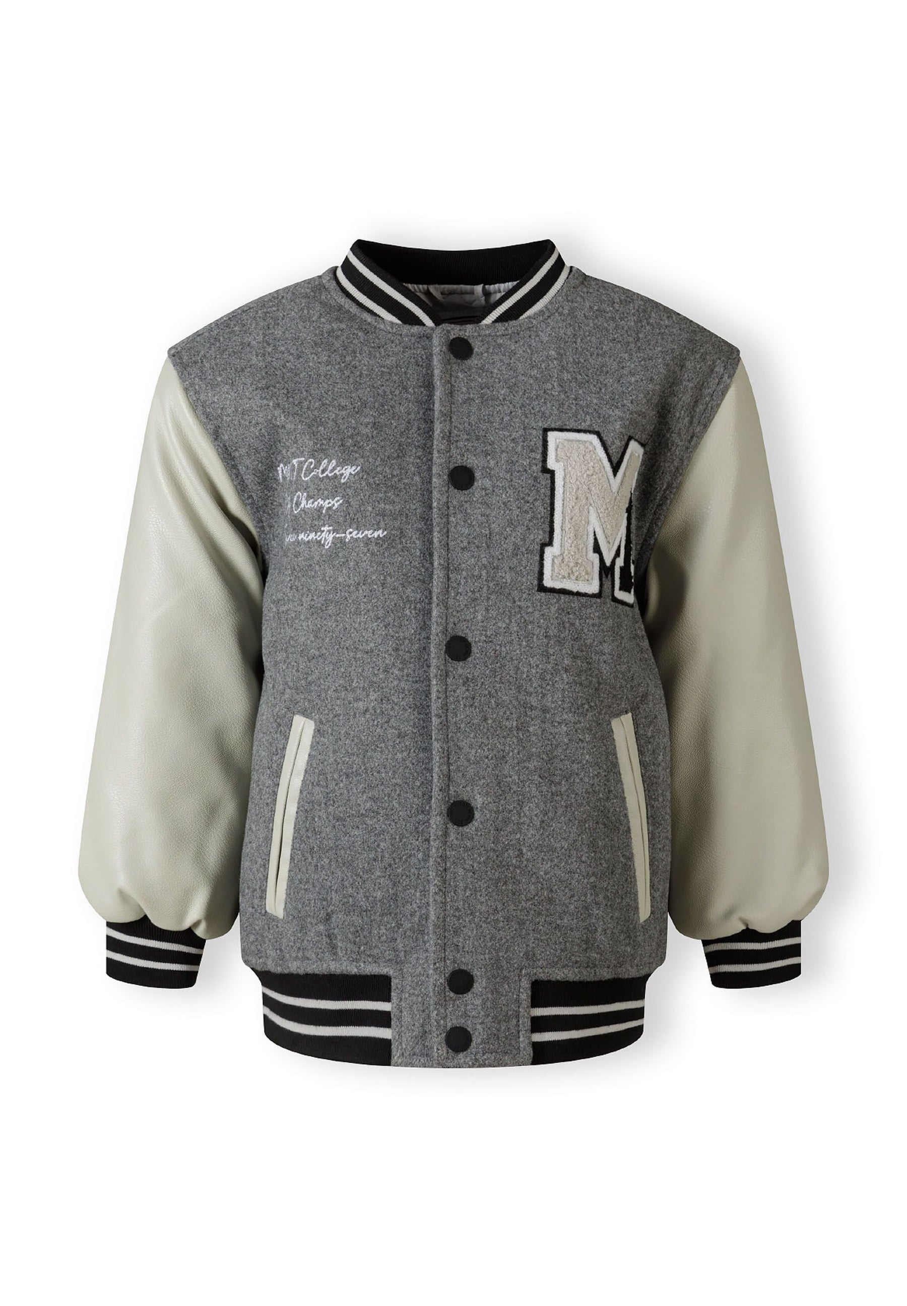 Boys varsity jacket in grey with snap buttons, PU sleeves, and embroidered chest detail.