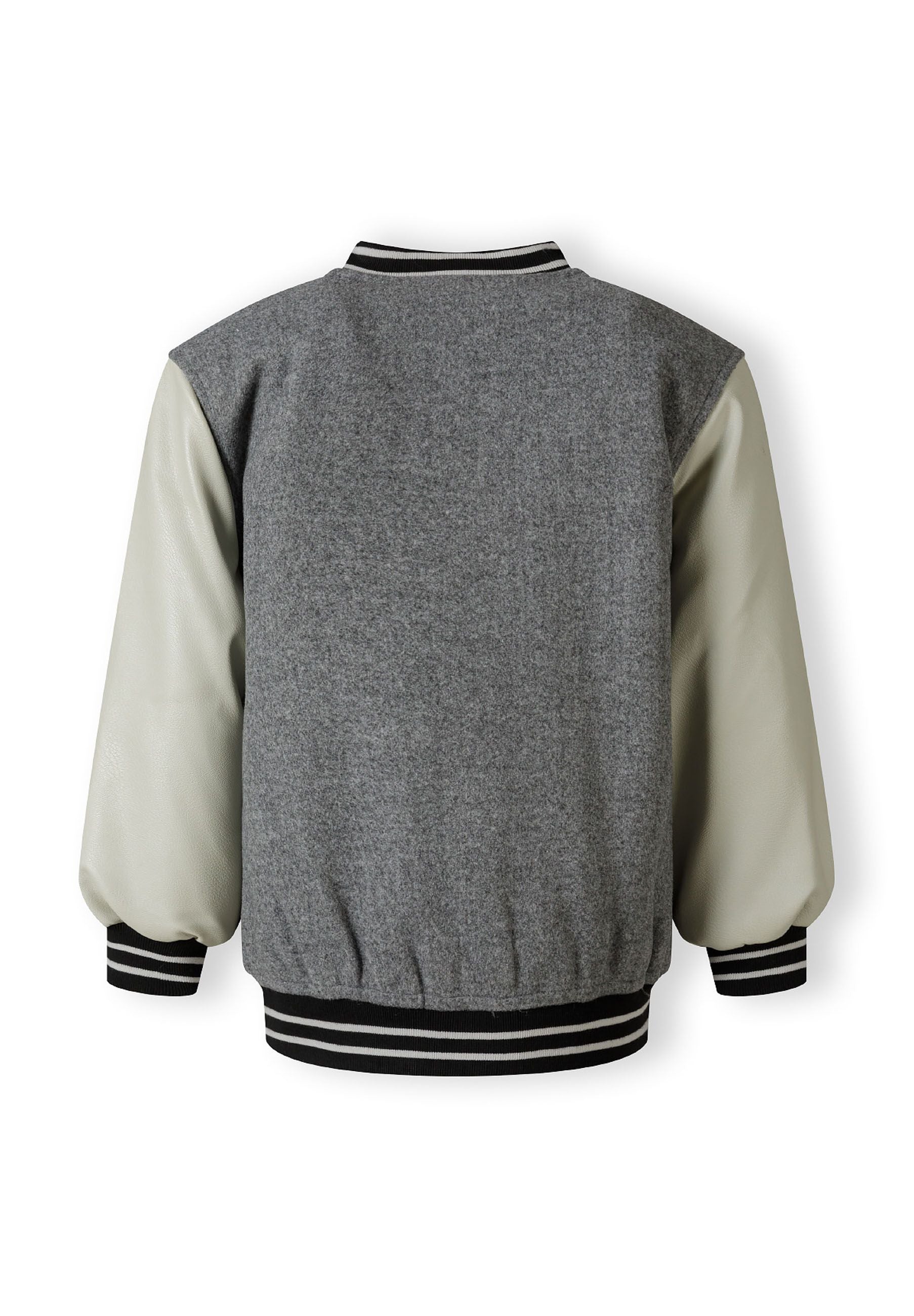 Boys varsity jacket, grey body with PU sleeves, back view, features ribbed cuffs and hem.