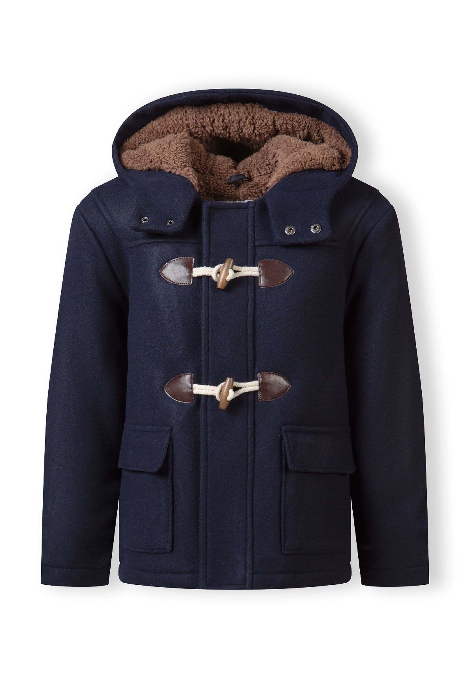 Boys navy duffle coat, front view, toggle closure, two flap pockets, hood.